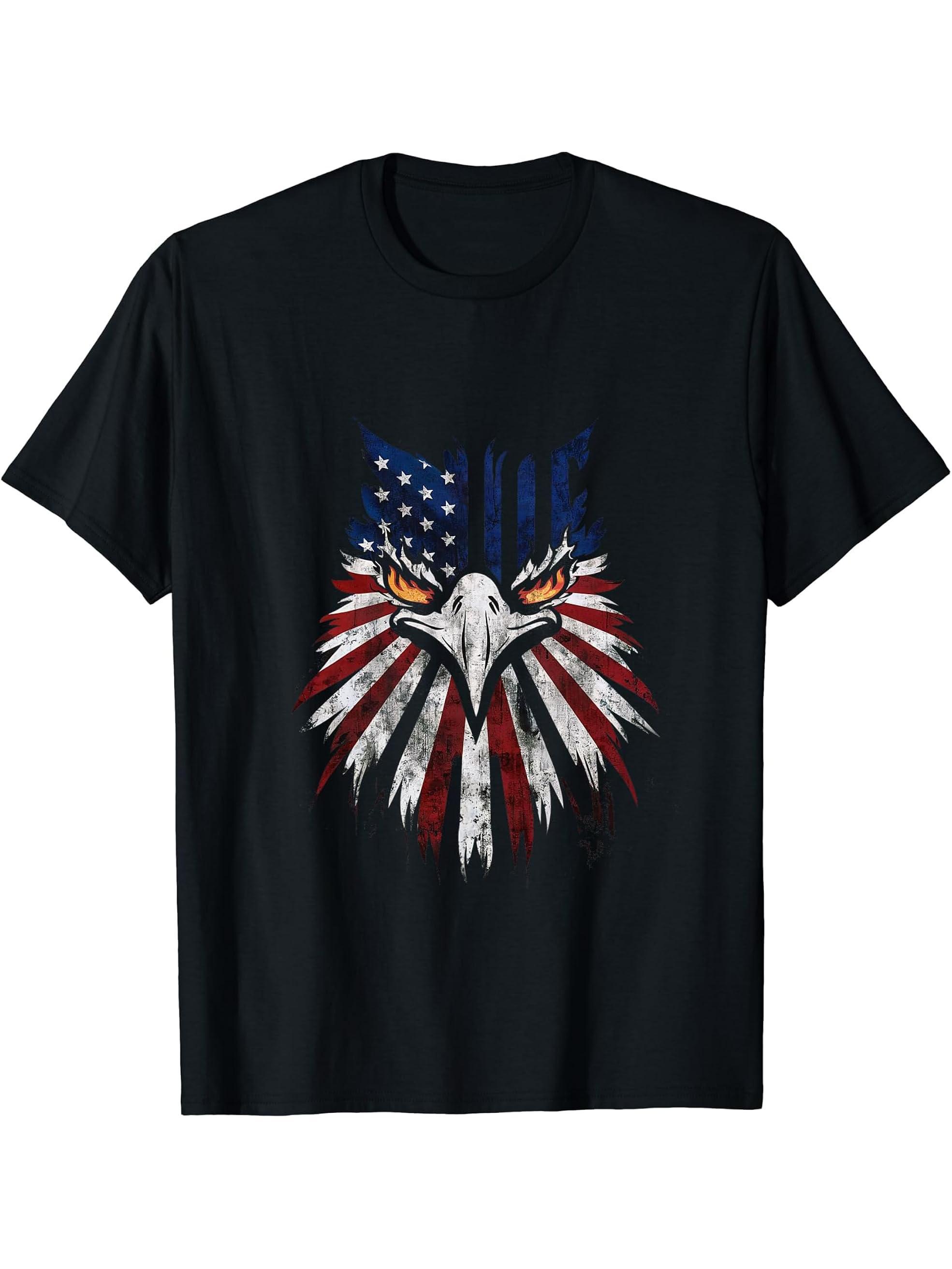 American Bald Eagle USA Flag Shirt 4th of July Eagle USA T-Shirt 180G 100% Cotton Printed Round Neck Short-Sleeve T-Shirt, Gifts for Men Dad Husband Grandpa, S-XXXL, Black