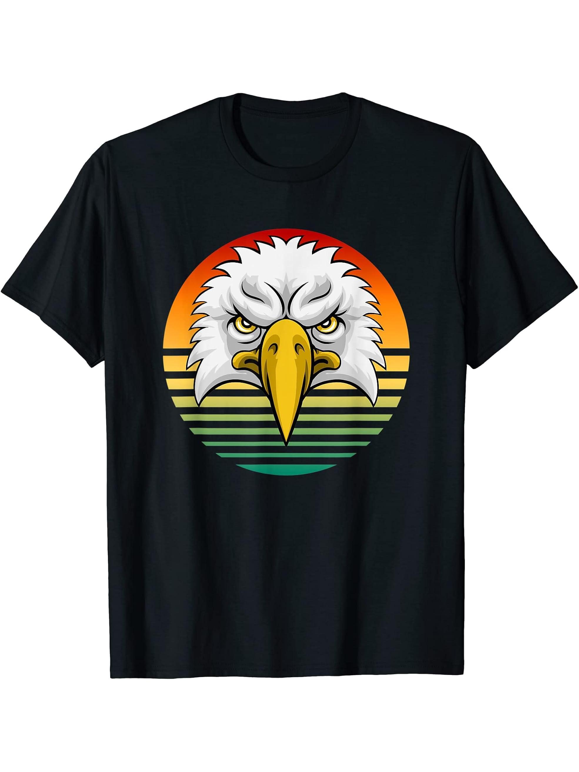 Bald Eagle Retro Sunset Background T-Shirt 180G 100% Cotton Printed Round Neck Short-Sleeve T-Shirt, Gifts for Men Dad Husband Grandpa, S-XXXL, Black