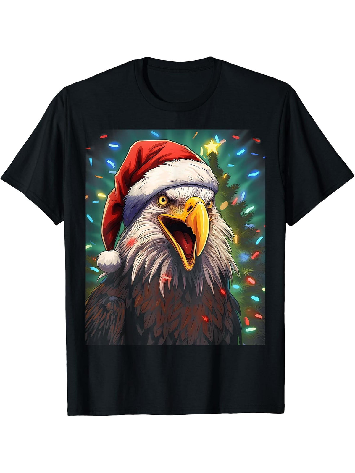 Xmas Bald Eagle Tangled Christmas Lights T-Shirt 180G 100% Cotton Printed Round Neck Short-Sleeve T-Shirt, Gifts for Men Dad Husband Grandpa, S-XXXL, Black