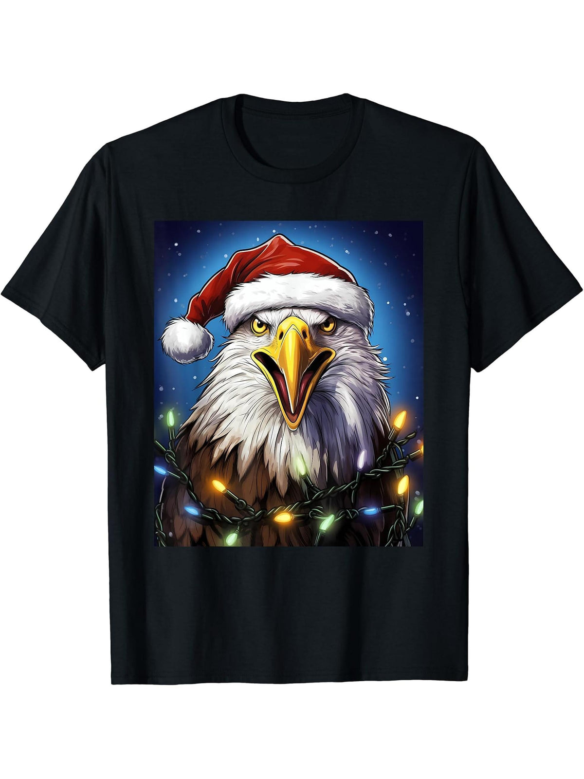 Xmas Bald Eagle Tangled Christmas Lights T-Shirt 180G 100% Cotton Printed Round Neck Short-Sleeve T-Shirt, Gifts for Men Dad Husband Grandpa, S-XXXL, Black