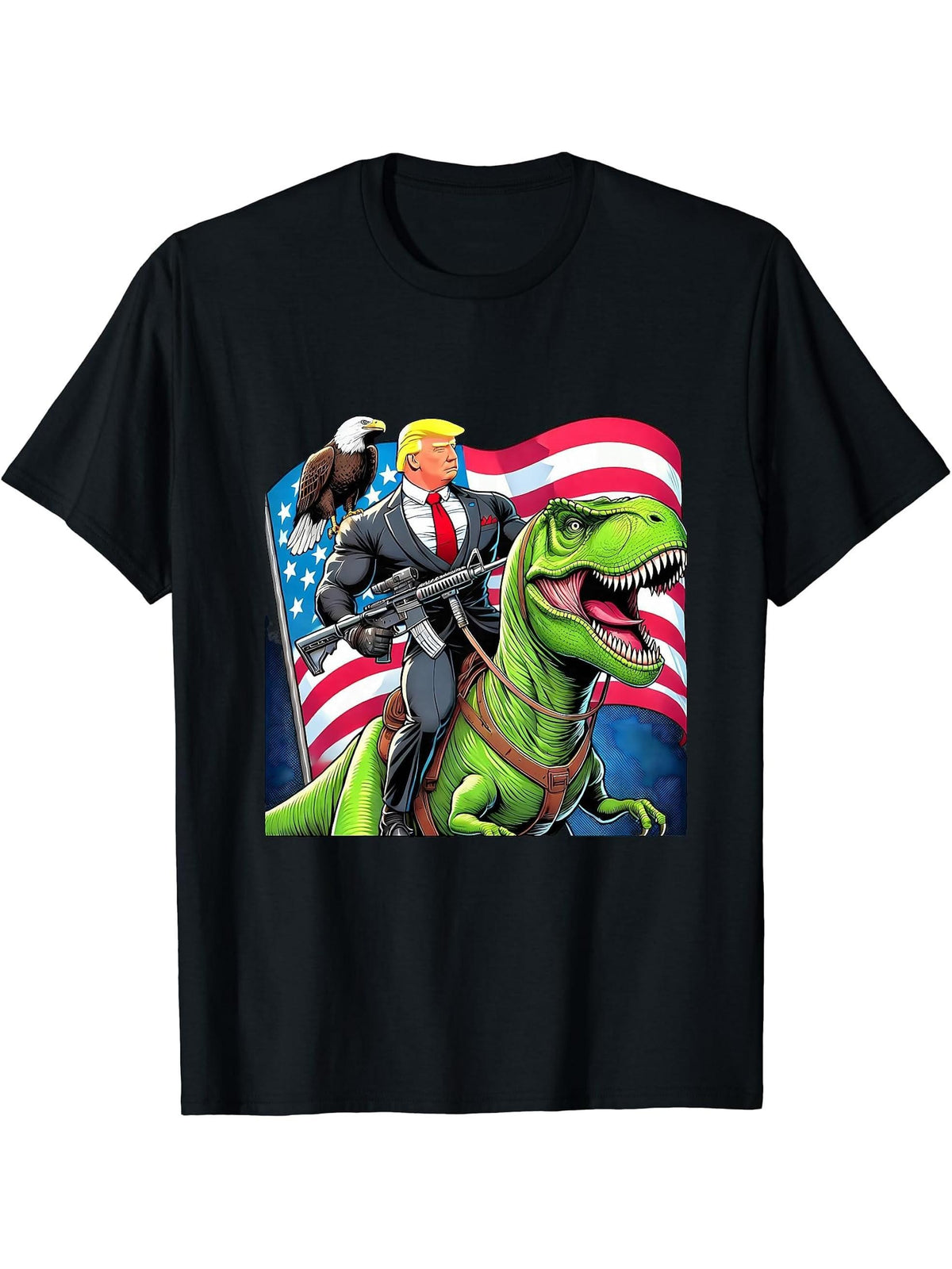 Bald Eagle US Flag Trump Riding A T-Rex T-Shirt 180G 100% Cotton Printed Round Neck Short-Sleeve T-Shirt, Gifts for Men Dad Husband Grandpa, S-XXXL, Black