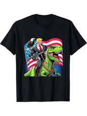 Bald Eagle US Flag Trump Riding A T-Rex T-Shirt 180G 100% Cotton Printed Round Neck Short-Sleeve T-Shirt, Gifts for Men Dad Husband Grandpa, S-XXXL, Black