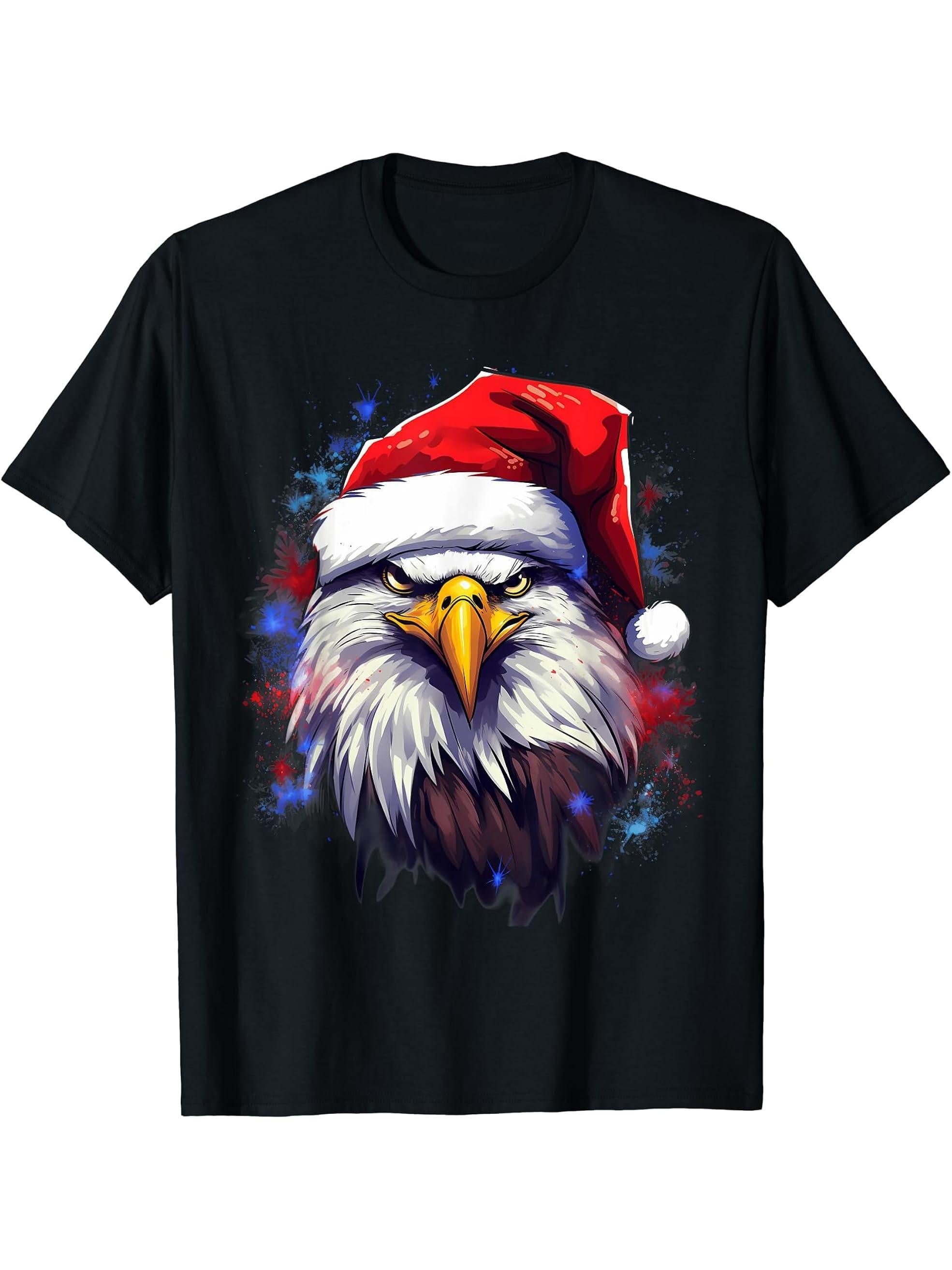 Xmas Bald Eagle Tangled Christmas Lights T-Shirt 180G 100% Cotton Printed Round Neck Short-Sleeve T-Shirt, Gifts for Men Dad Husband Grandpa, S-XXXL, Black
