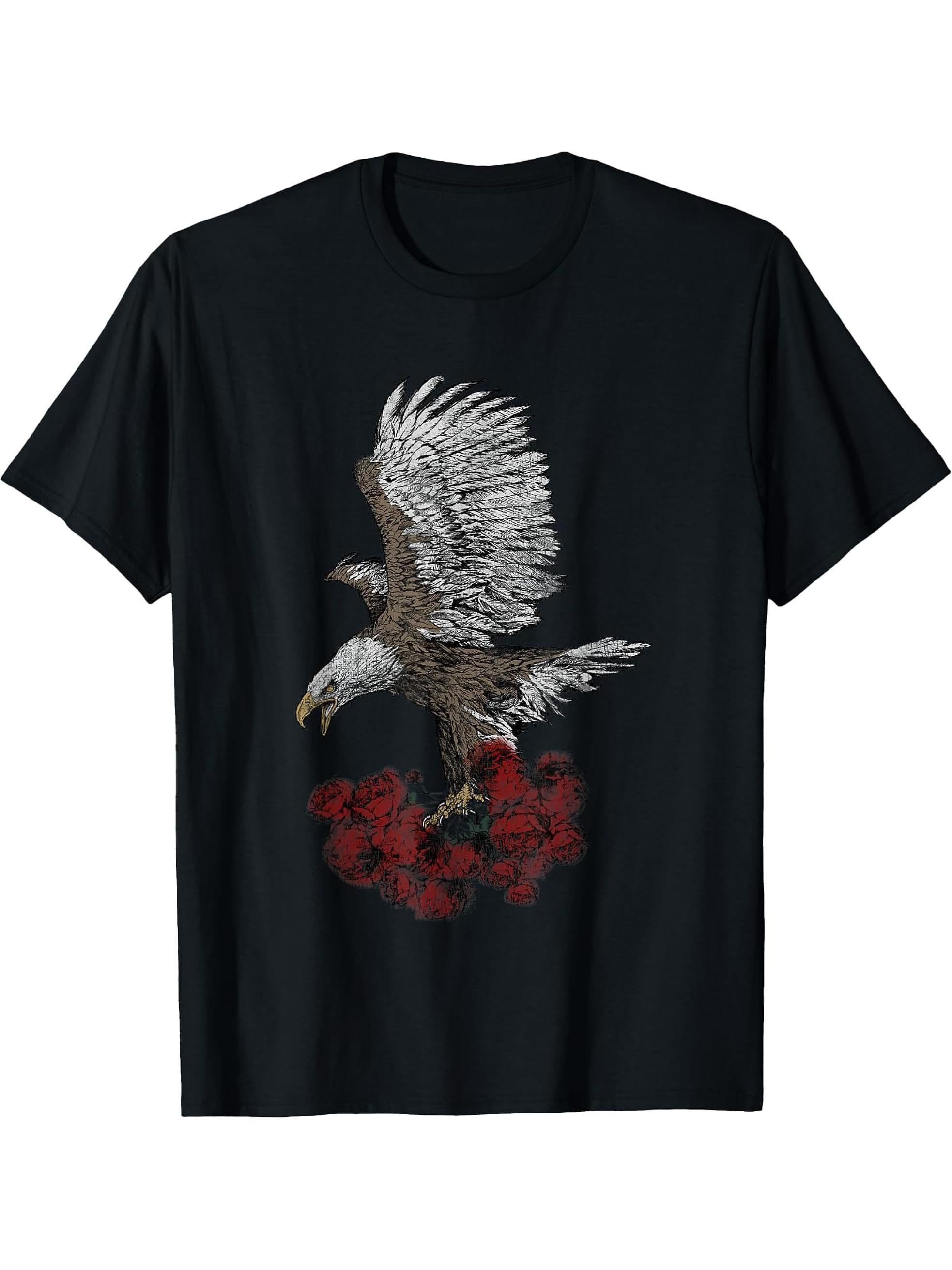 Trendy Bald Eagle Floral Portrait T-Shirt 180G 100% Cotton Printed Round Neck Short-Sleeve T-Shirt, Gifts for Men Dad Husband Grandpa, S-XXXL, Black
