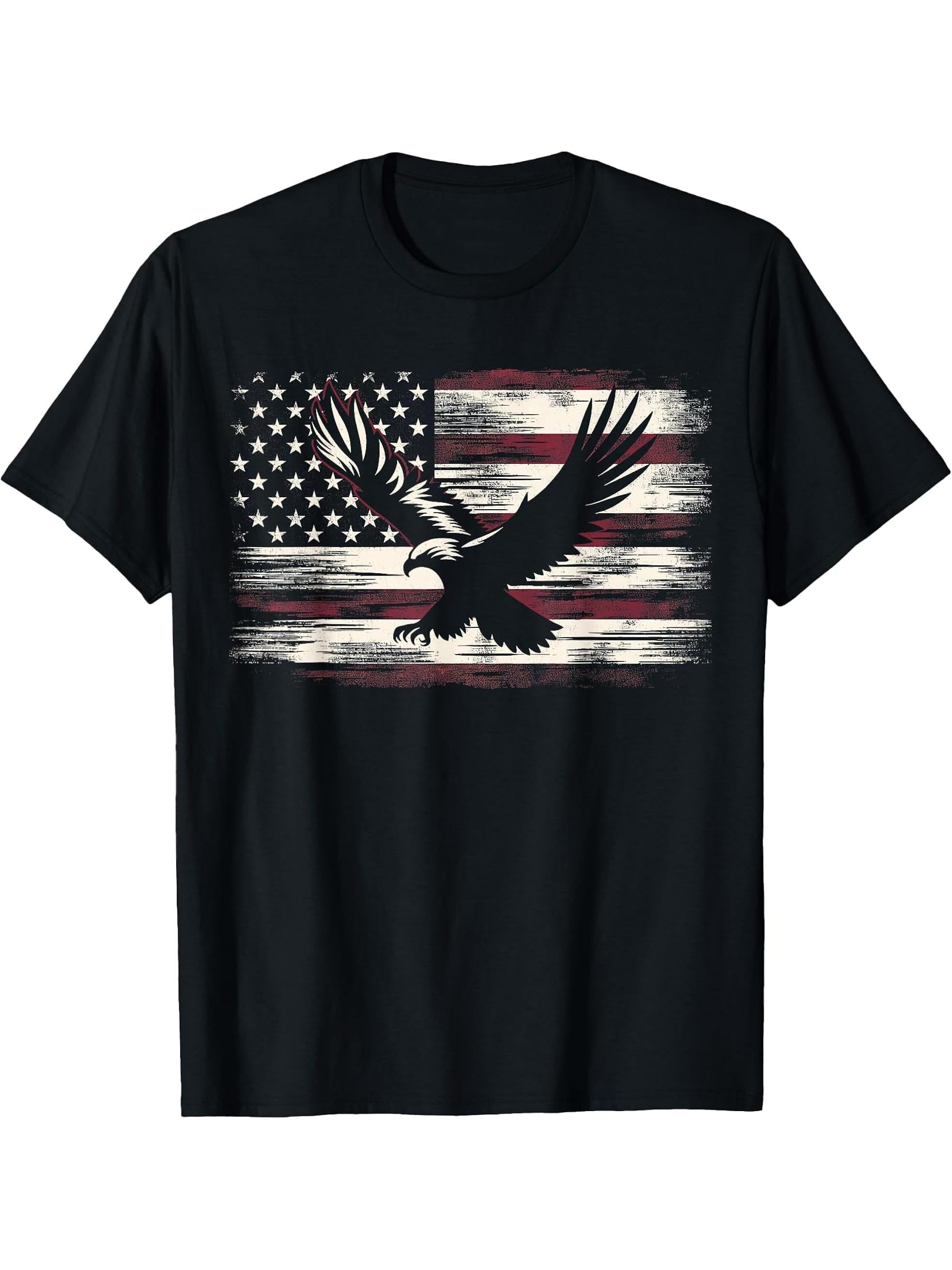 Bald Eagle 4th of July Christmas American T-Shirt 180G 100% Cotton Printed Round Neck Short-Sleeve T-Shirt, Gifts for Men Dad Husband Grandpa, S-XXXL, Black
