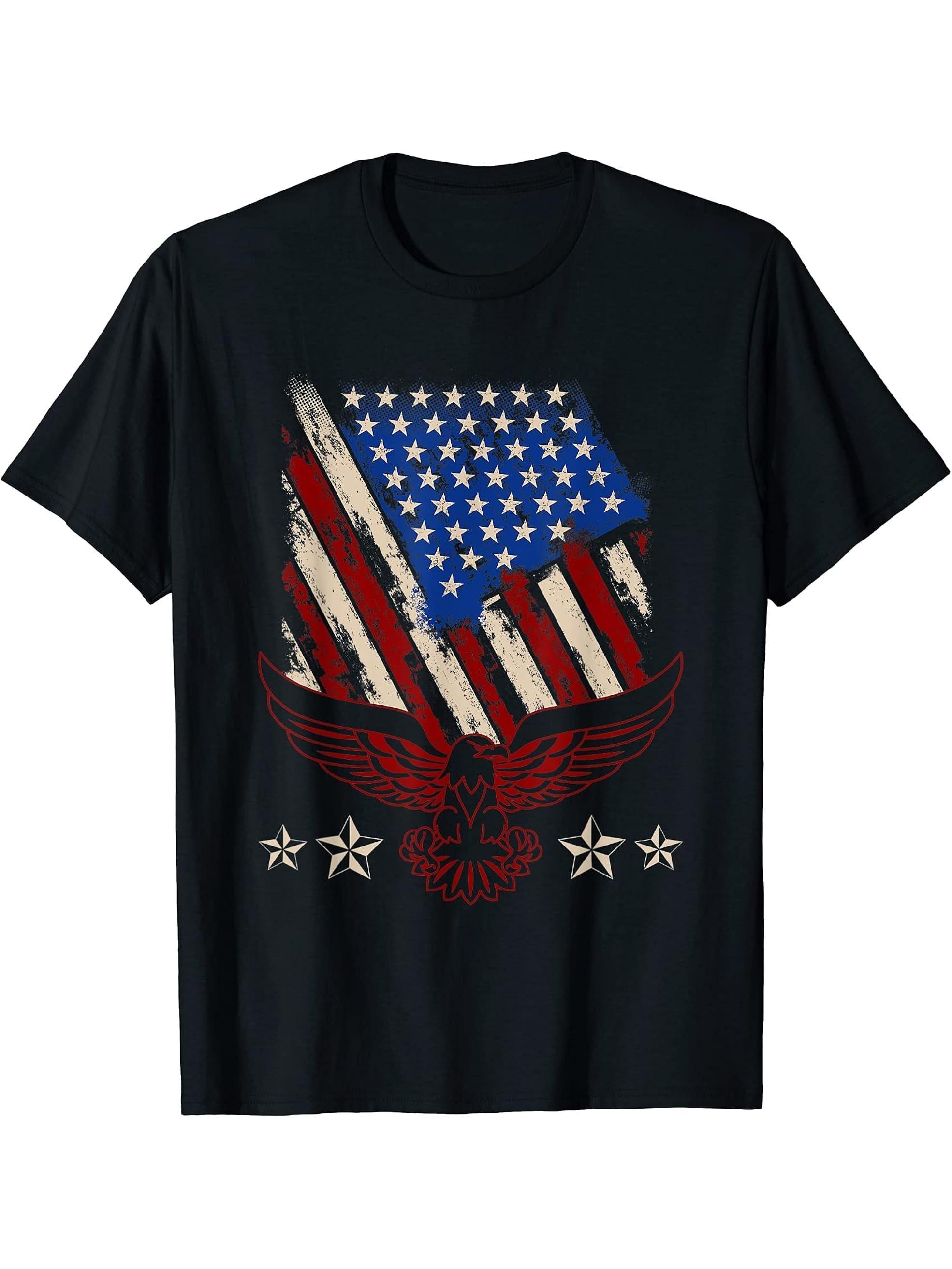 Patriotic American Bald Eagle Freedom US Flag Pride Eagle T-Shirt 180G 100% Cotton Printed Round Neck Short-Sleeve T-Shirt, Gifts for Men Dad Husband Grandpa, S-XXXL, Black