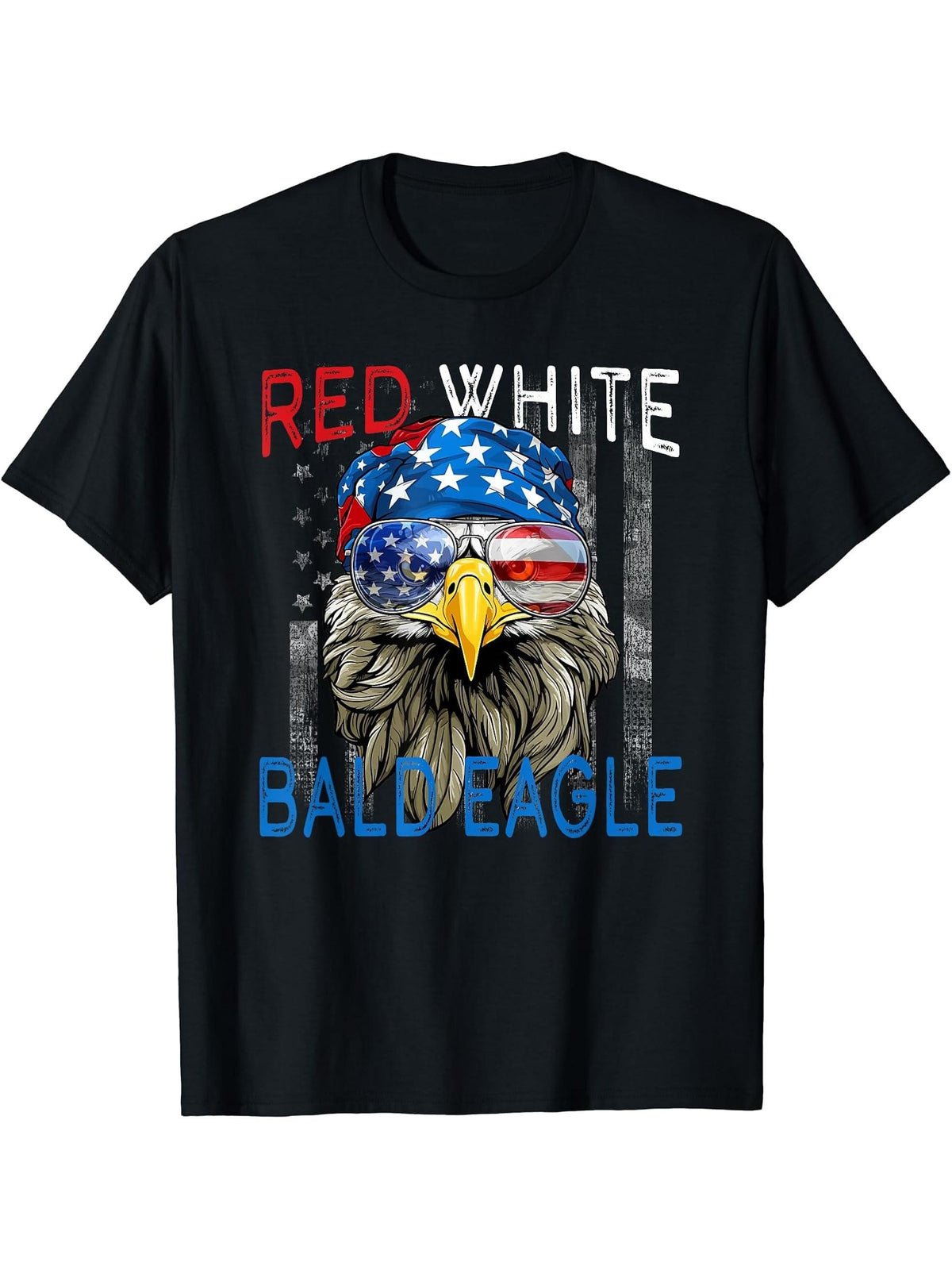 Red White Bald Eagle American Flag Bald Eagle 4th of July T-Shirt 180G 100% Cotton Printed Round Neck Short-Sleeve T-Shirt, Gifts for Men Dad Husband Grandpa, S-XXXL, Black
