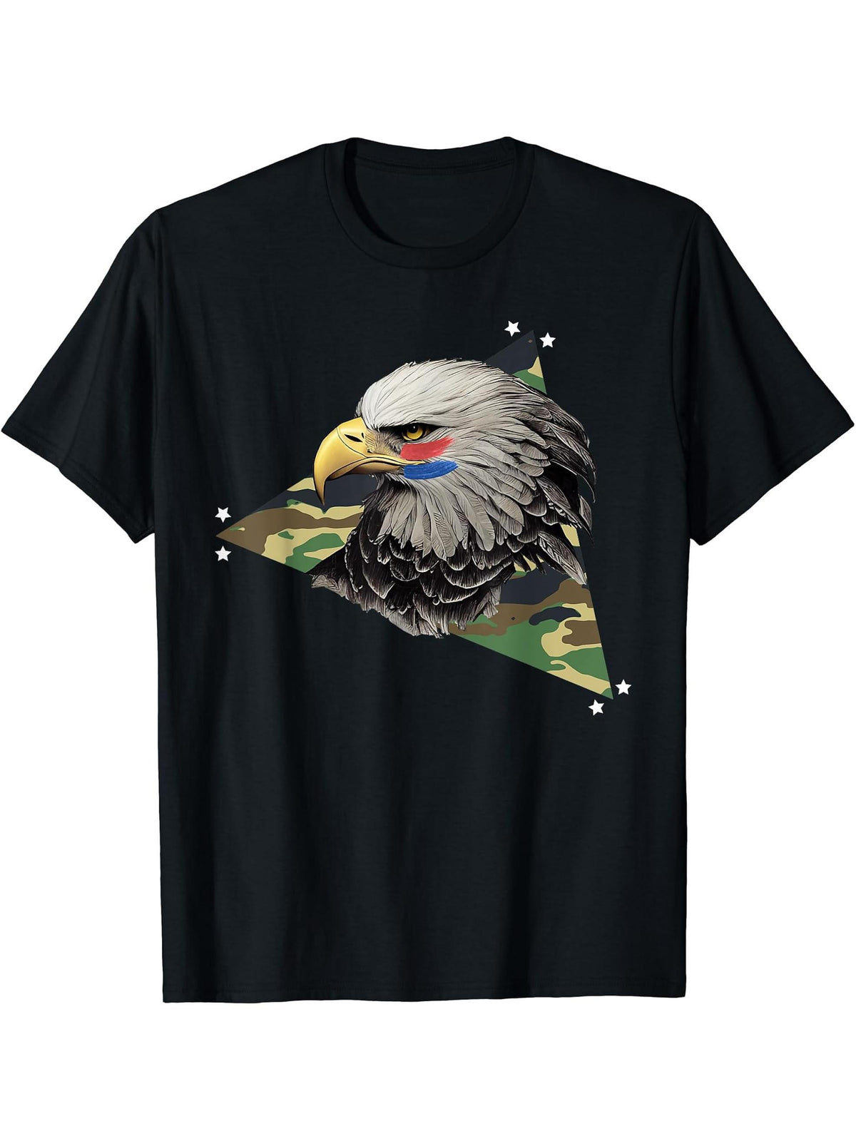 American Camouflage Bald Eagle Veteran Patriotic T-Shirt 180G 100% Cotton Printed Round Neck Short-Sleeve T-Shirt, Gifts for Men Dad Husband Grandpa, S-XXXL, Black