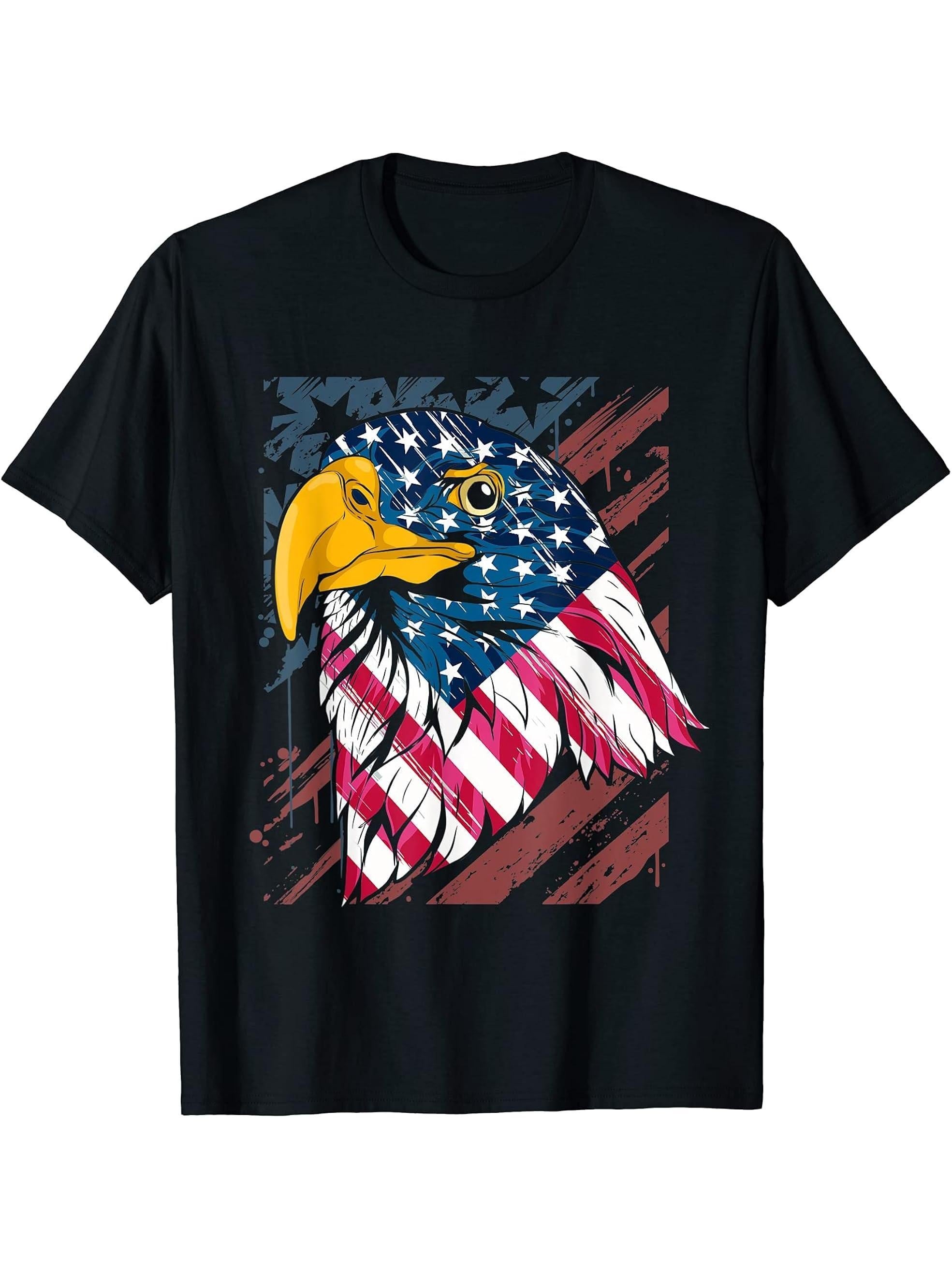 Freedom USA Flag Pride Proud American Patriot Bald Eagle T-Shirt 180G 100% Cotton Printed Round Neck Short-Sleeve T-Shirt, Gifts for Men Dad Husband Grandpa, S-XXXL, Black
