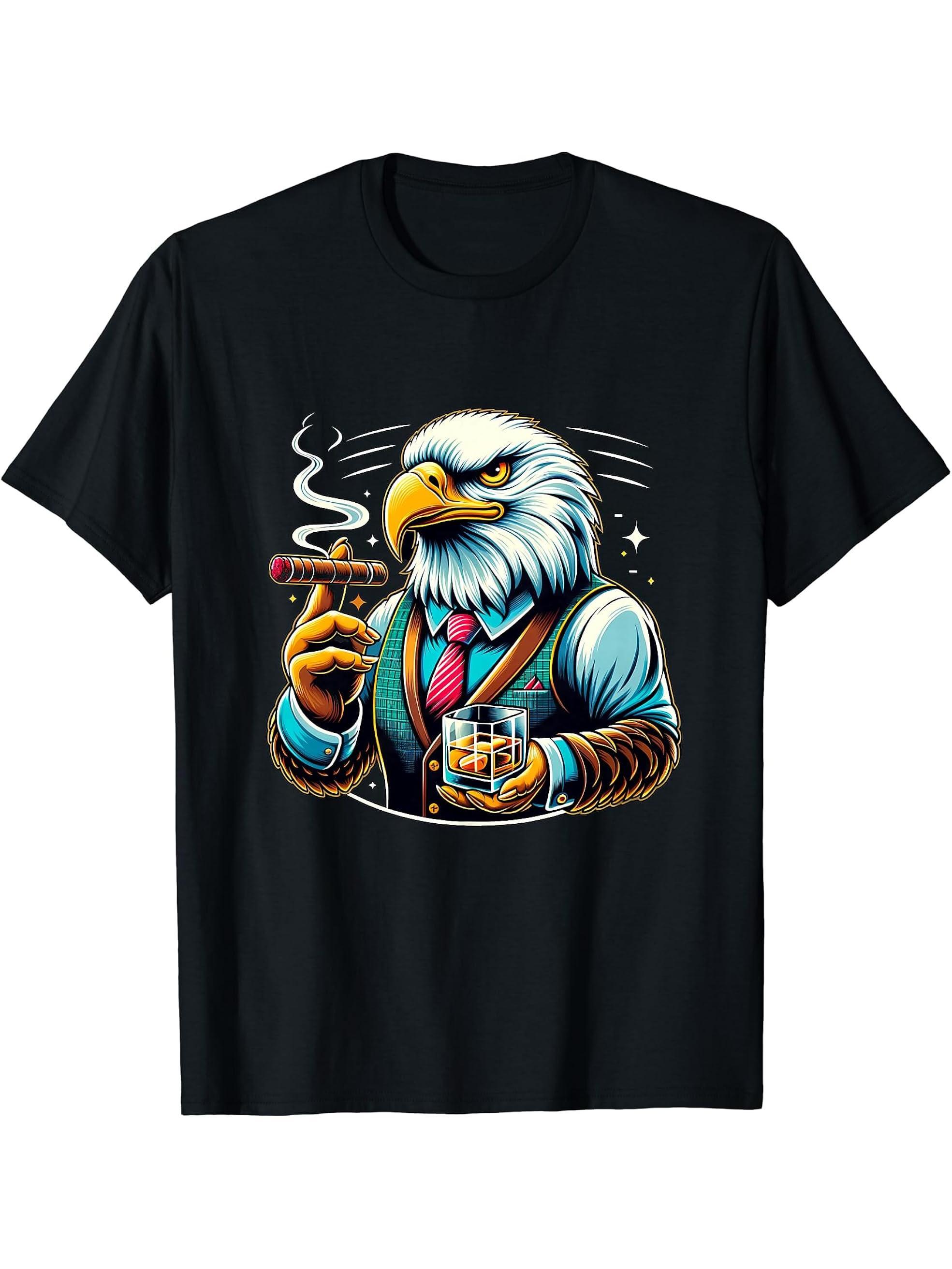 Bald Eagle Cigar And Whiskey T-Shirt 180G 100% Cotton Printed Round Neck Short-Sleeve T-Shirt, Gifts for Men Dad Husband Grandpa, S-XXXL, Black
