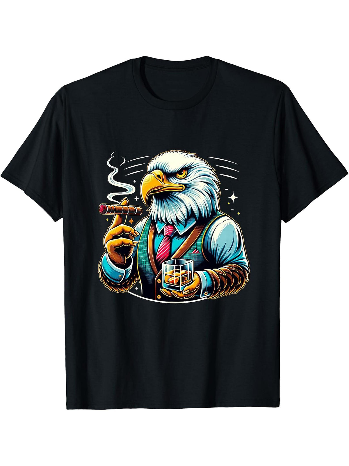 Bald Eagle Cigar And Whiskey T-Shirt 180G 100% Cotton Printed Round Neck Short-Sleeve T-Shirt, Gifts for Men Dad Husband Grandpa, S-XXXL, Black