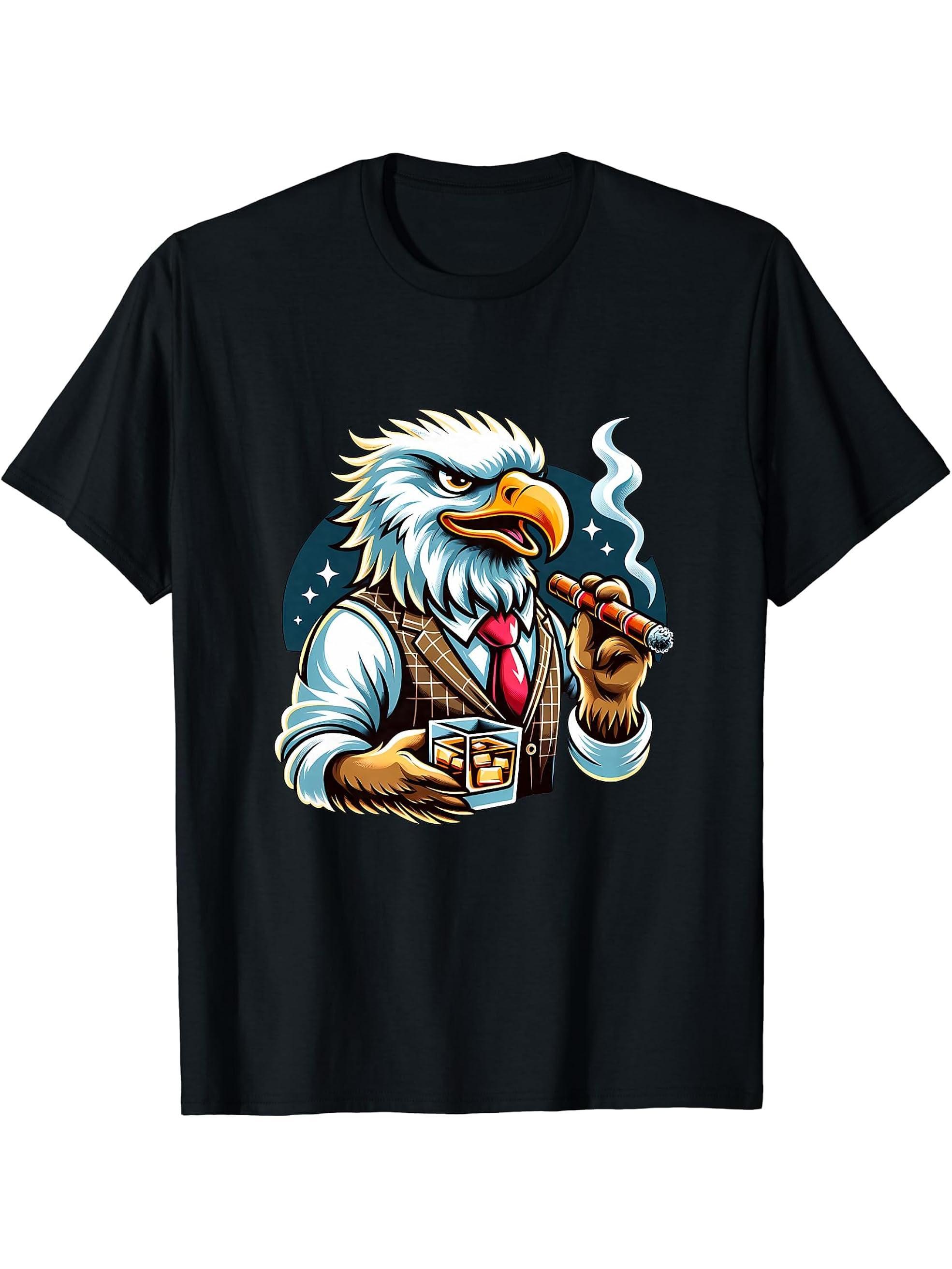 Bald Eagle Cigar And Whiskey T-Shirt 180G 100% Cotton Printed Round Neck Short-Sleeve T-Shirt, Gifts for Men Dad Husband Grandpa, S-XXXL, Black
