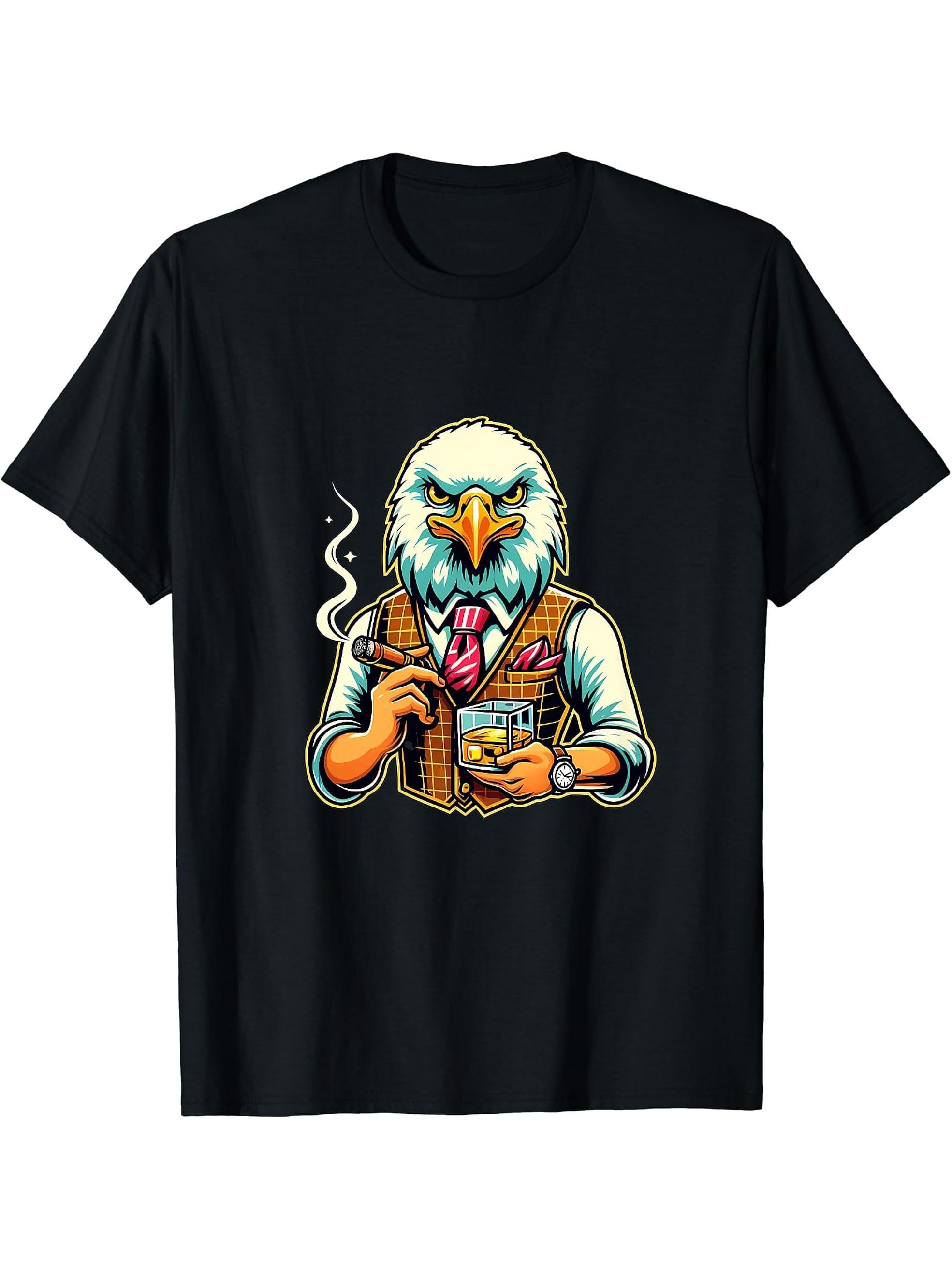 Bald Eagle Cigar And Whiskey T-Shirt 180G 100% Cotton Printed Round Neck Short-Sleeve T-Shirt, Gifts for Men Dad Husband Grandpa, S-XXXL, Black
