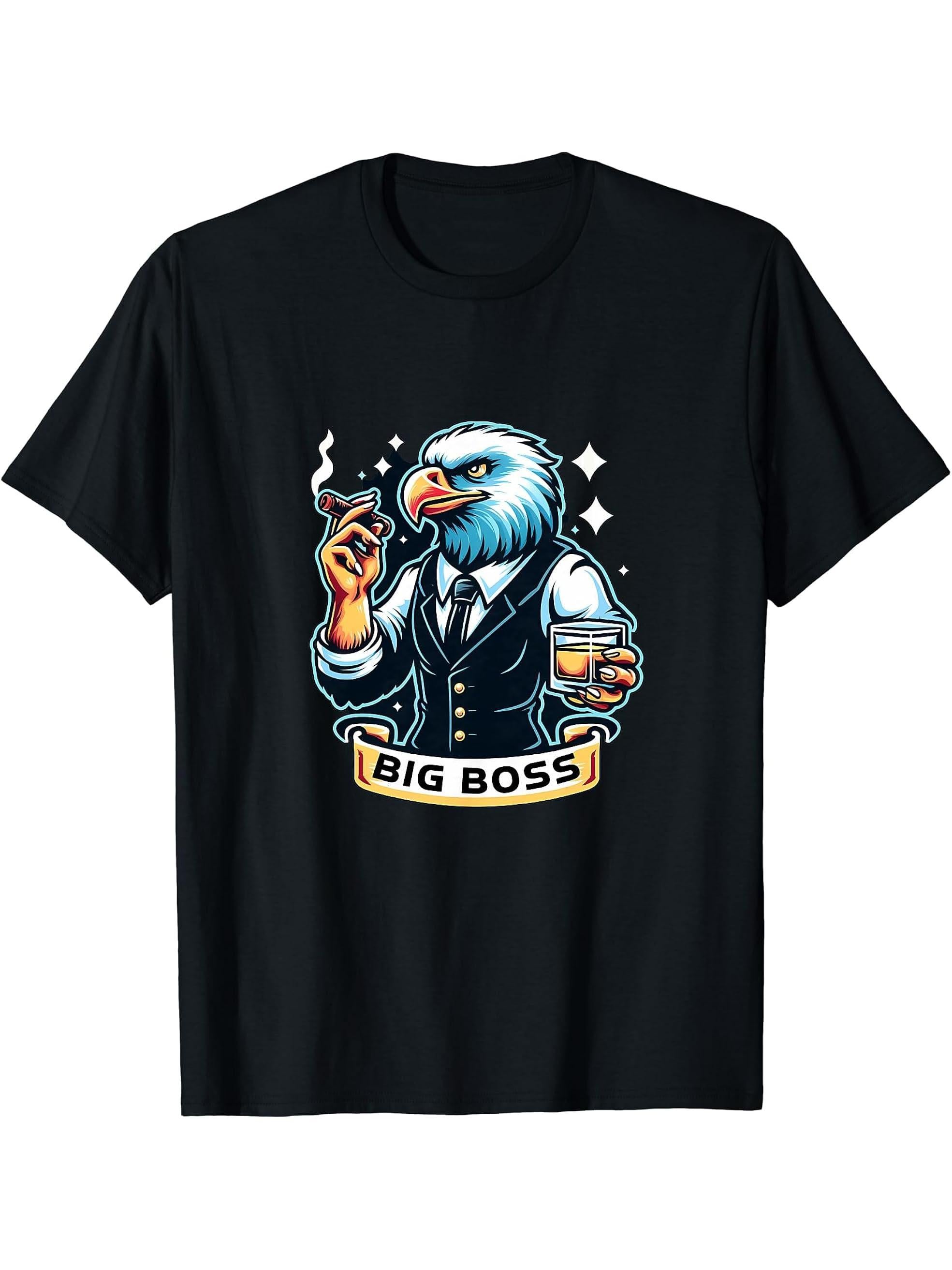 Bald Eagle Cigar And Whiskey T-Shirt 180G 100% Cotton Printed Round Neck Short-Sleeve T-Shirt, Gifts for Men Dad Husband Grandpa, S-XXXL, Black