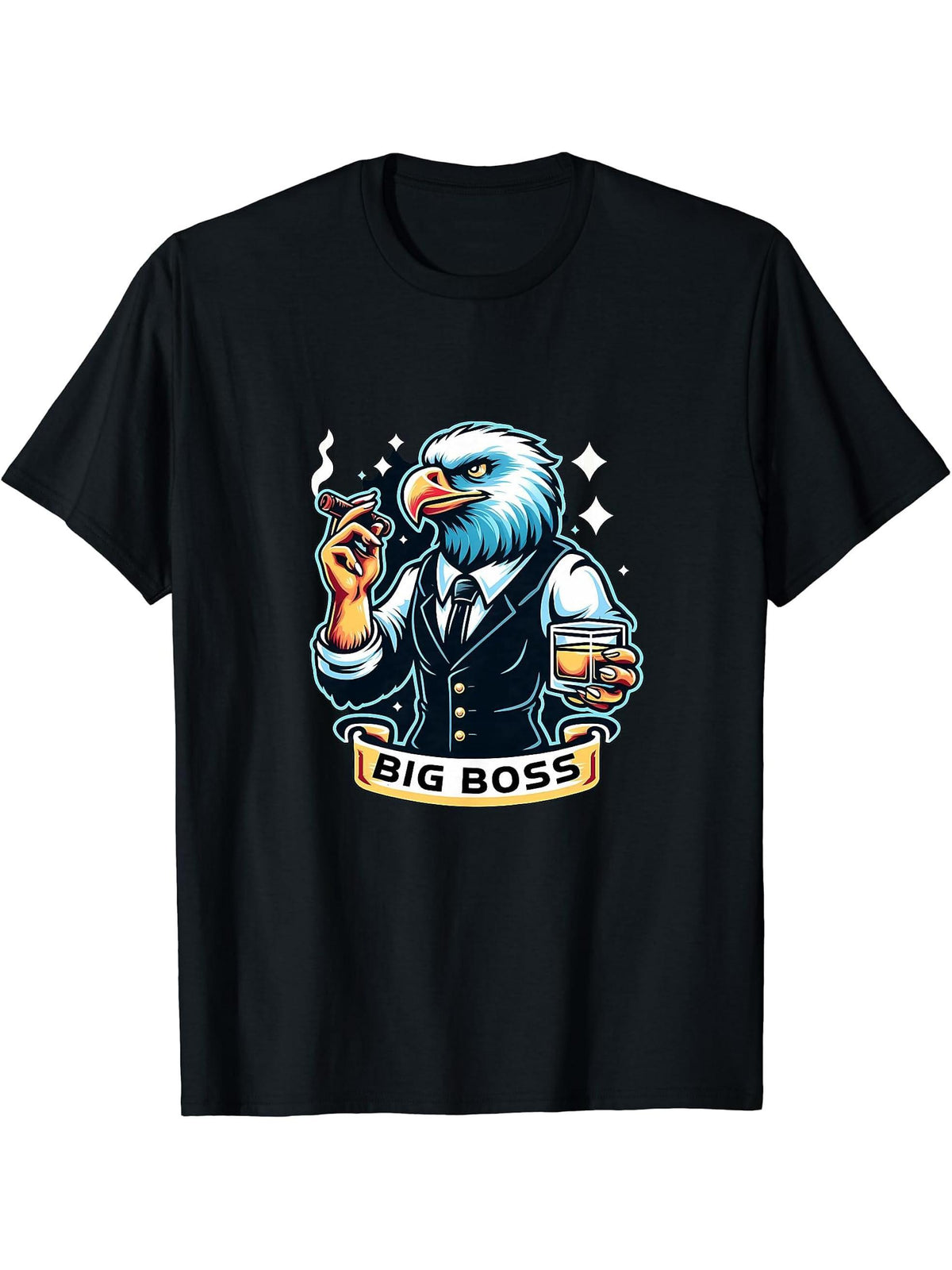 Bald Eagle Cigar And Whiskey T-Shirt 180G 100% Cotton Printed Round Neck Short-Sleeve T-Shirt, Gifts for Men Dad Husband Grandpa, S-XXXL, Black