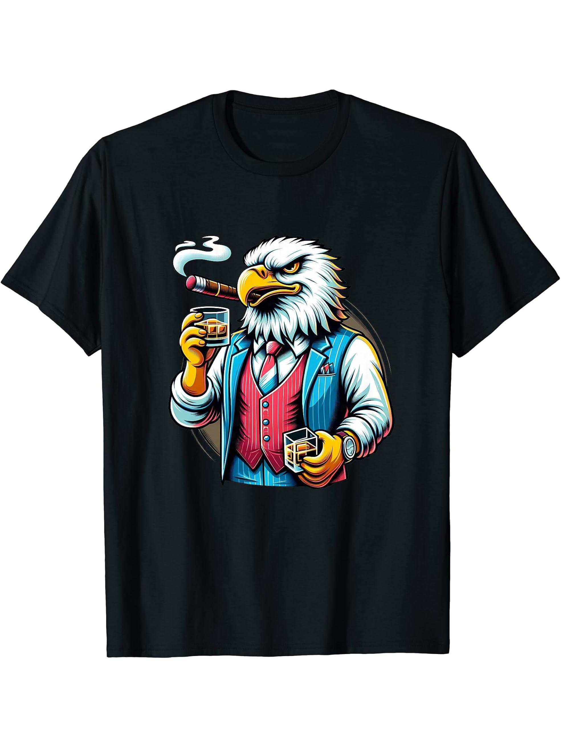 Bald Eagle Cigar And Whiskey T-Shirt 180G 100% Cotton Printed Round Neck Short-Sleeve T-Shirt, Gifts for Men Dad Husband Grandpa, S-XXXL, Black