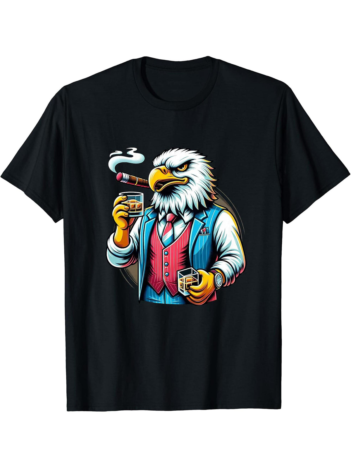 Bald Eagle Cigar And Whiskey T-Shirt 180G 100% Cotton Printed Round Neck Short-Sleeve T-Shirt, Gifts for Men Dad Husband Grandpa, S-XXXL, Black