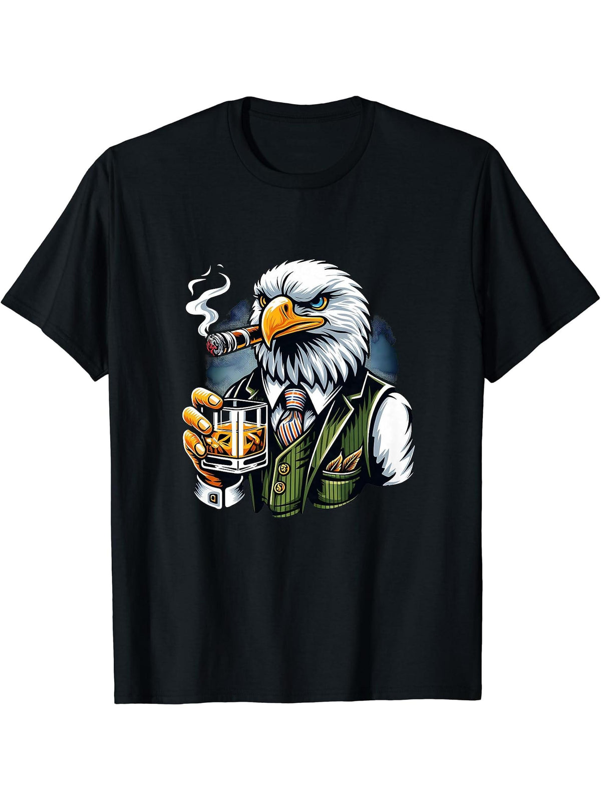 Bald Eagle Cigar And Whiskey T-Shirt 180G 100% Cotton Printed Round Neck Short-Sleeve T-Shirt, Gifts for Men Dad Husband Grandpa, S-XXXL, Black