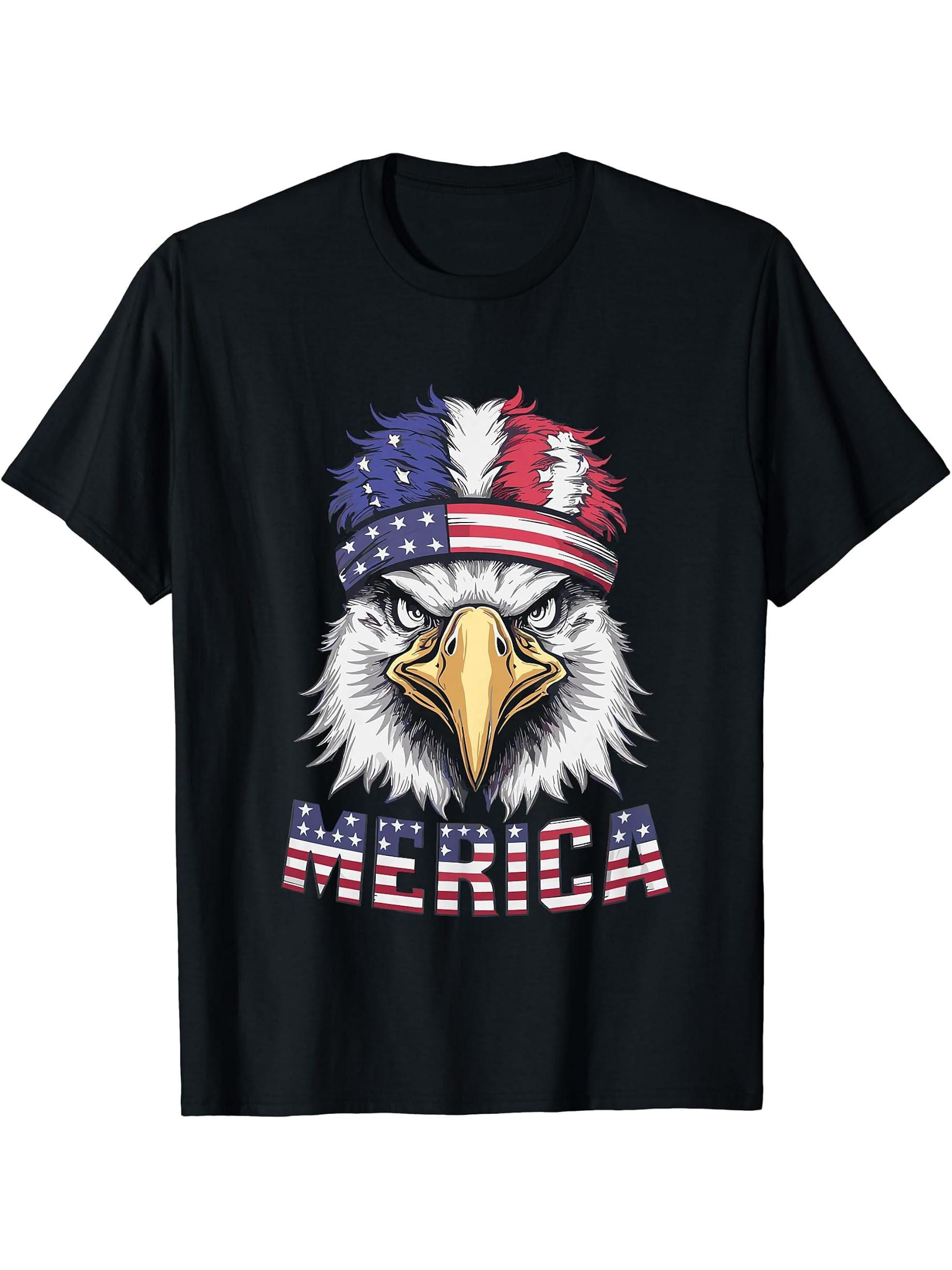 Merica - Patriotic USA Bald Eagle Of Freedom - 4th of July T-Shirt 180G 100% Cotton Printed Round Neck Short-Sleeve T-Shirt, Gifts for Men Dad Husband Grandpa, S-XXXL, Black