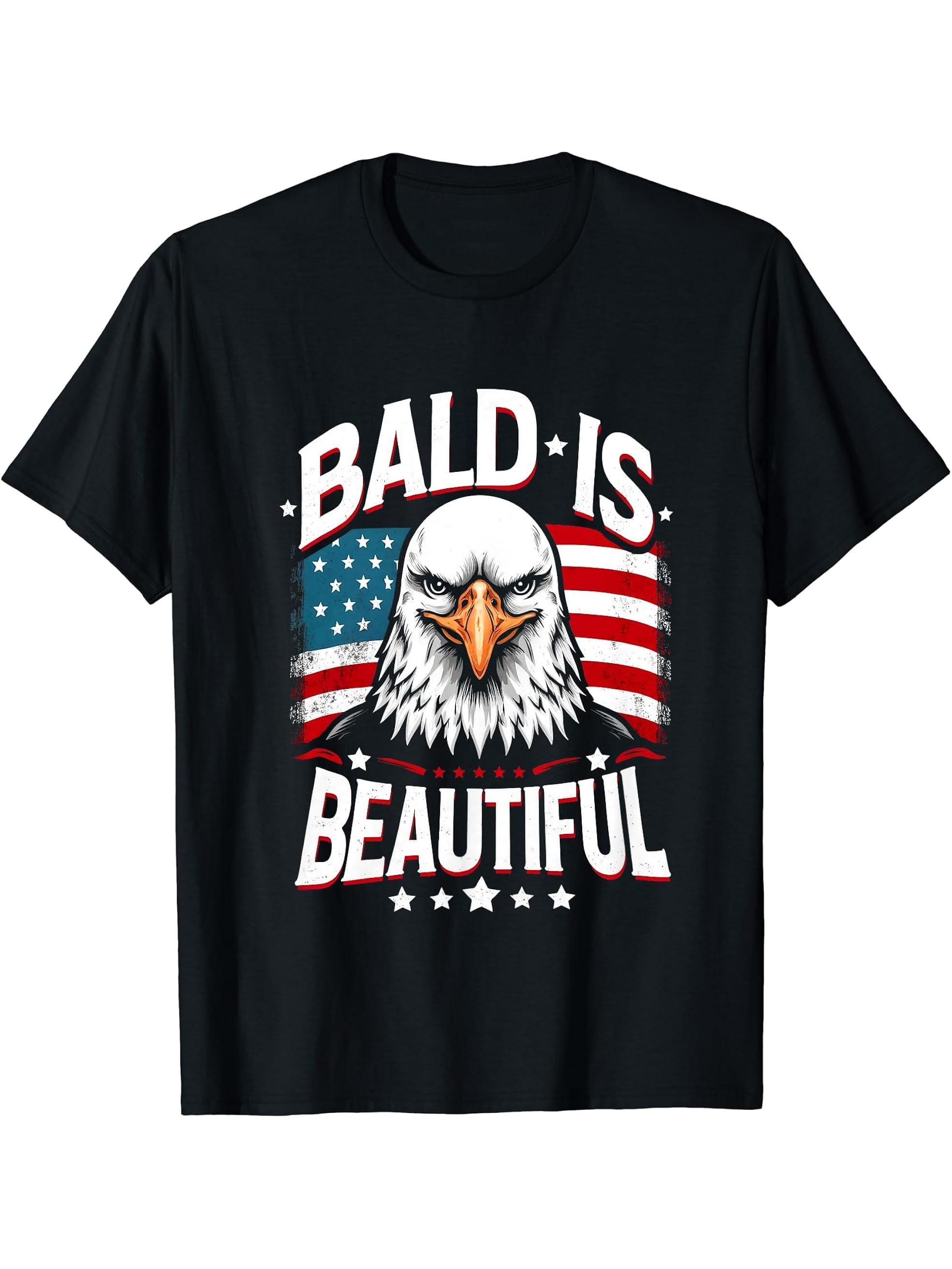 Bald Is Beautiful 4th of July Bald Eagle Independence Day T-Shirt 180G 100% Cotton Printed Round Neck Short-Sleeve T-Shirt, Gifts for Men Dad Husband Grandpa, S-XXXL, Black