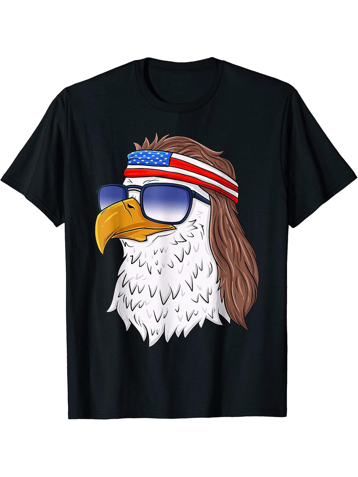 American Bald Eagle Mullet 4th Of July Funny USA T-Shirt 180G 100% Cotton Printed Round Neck Short-Sleeve T-Shirt, Gifts for Men Dad Husband Grandpa, S-XXXL, Black