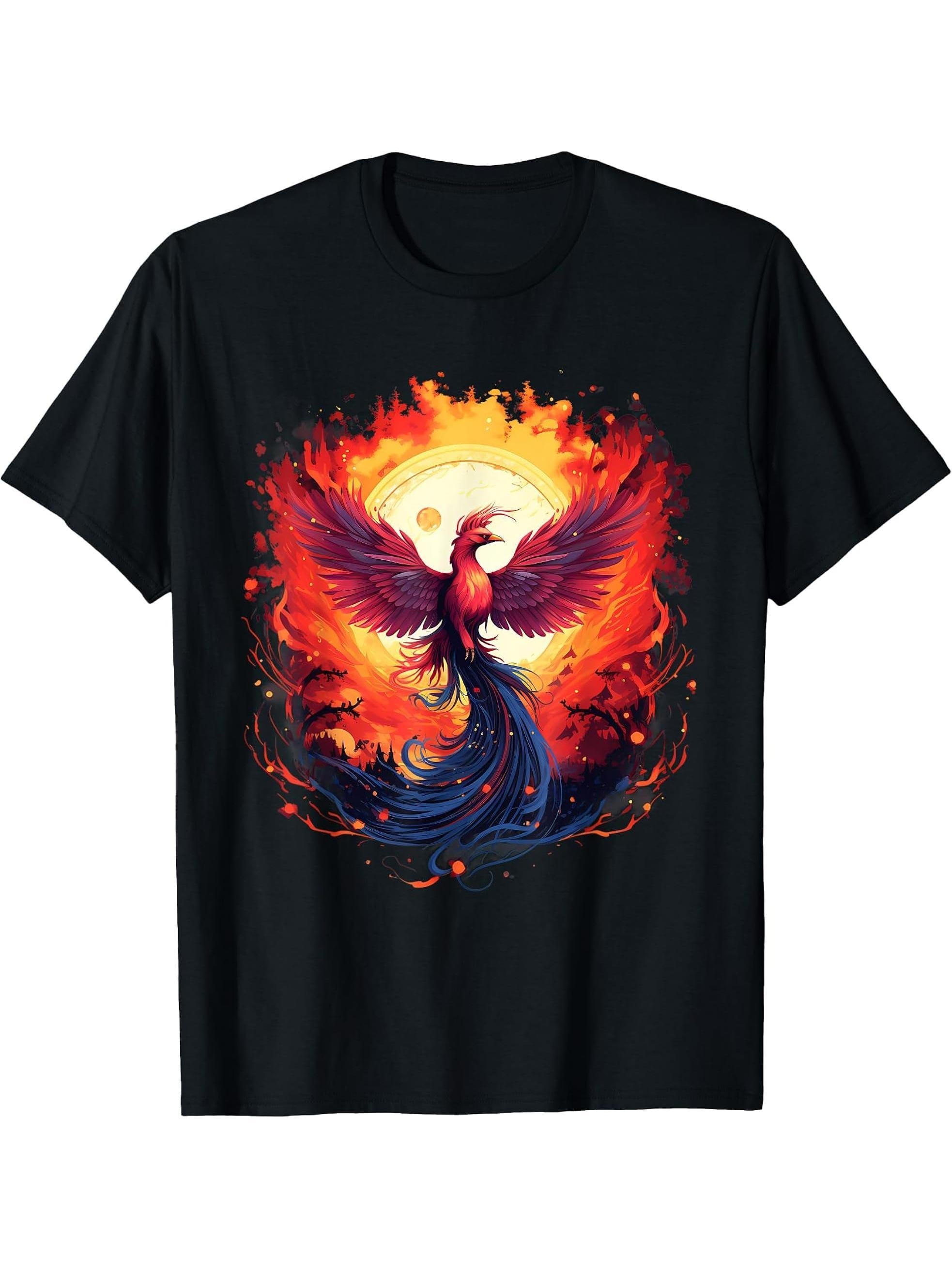 Mythical Bird Phoenix Rising Rejuvenation Fire Phoenix Bird T-Shirt 180G 100% Cotton Printed Round Neck Short-Sleeve T-Shirt, Gifts for Men Dad Husband Grandpa, S-XXXL, Black