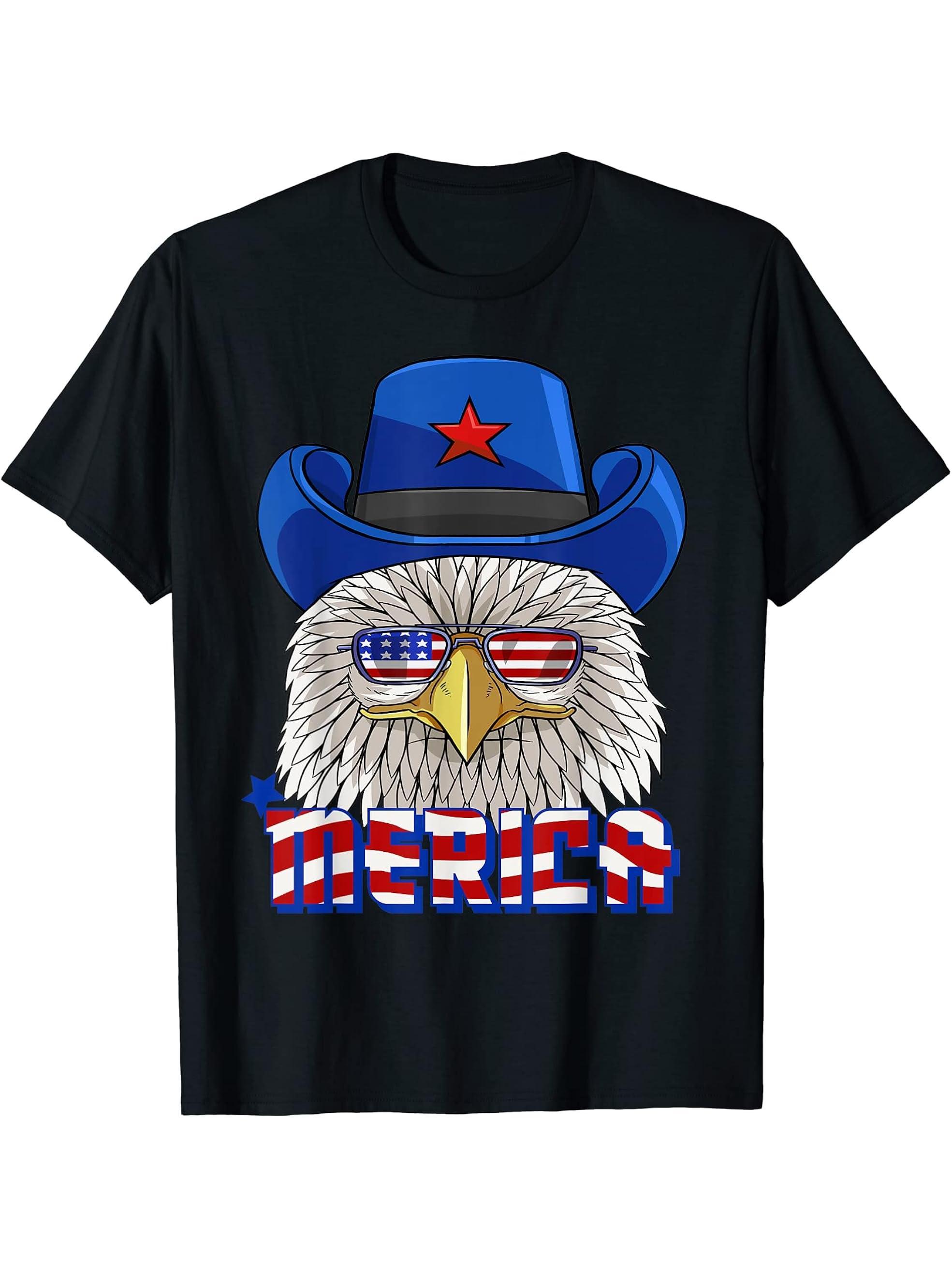 Funny Bald Eagle 4th Of July Patriotic Cowboy T-Shirt 180G 100% Cotton Printed Round Neck Short-Sleeve T-Shirt, Gifts for Men Dad Husband Grandpa, S-XXXL, Black