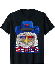 Funny Bald Eagle 4th Of July Patriotic Cowboy T-Shirt 180G 100% Cotton Printed Round Neck Short-Sleeve T-Shirt, Gifts for Men Dad Husband Grandpa, S-XXXL, Black