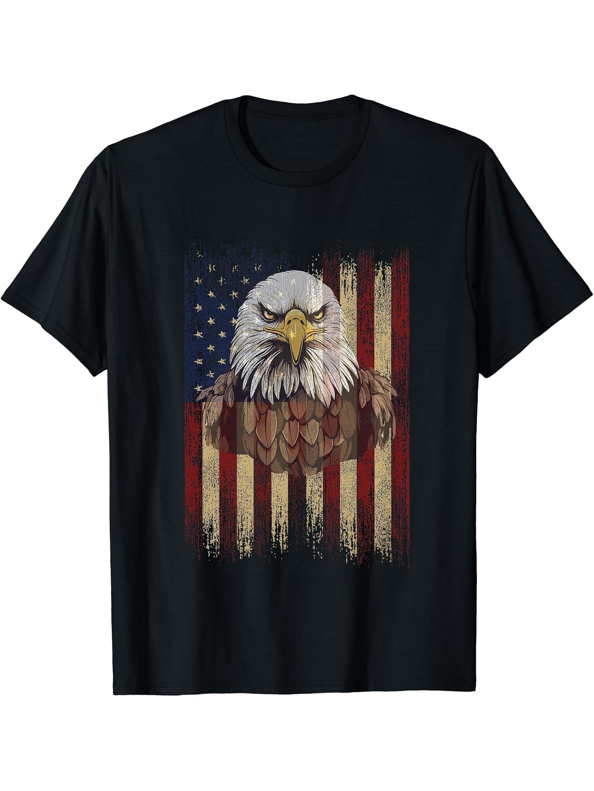 Shirt USA Flag Patriotic Tee T-Shirt 180G 100% Cotton Printed Round Neck Short-Sleeve T-Shirt, Gifts for Men Dad Husband Grandpa, S-XXXL, Black