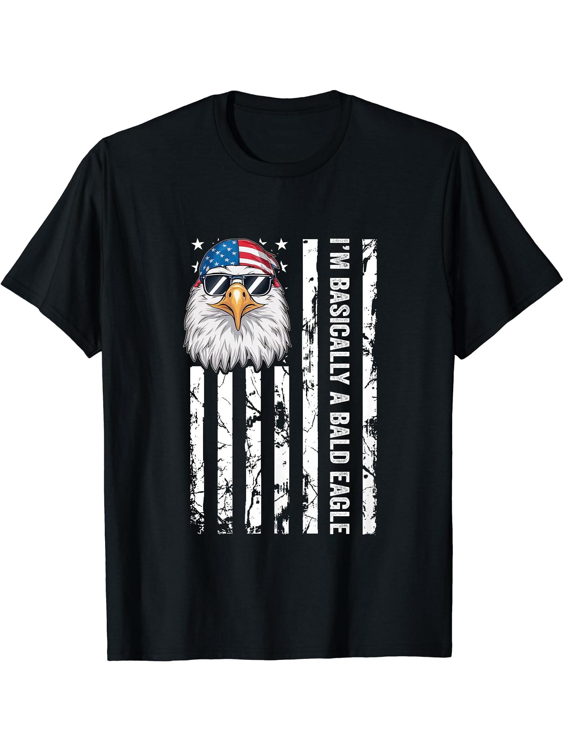 I'm Basically A Bald Eagle Funny Patriotic Eagle 4th Of July T-Shirt 180G 100% Cotton Printed Round Neck Short-Sleeve T-Shirt, Gifts for Men Dad Husband Grandpa, S-XXXL, Black