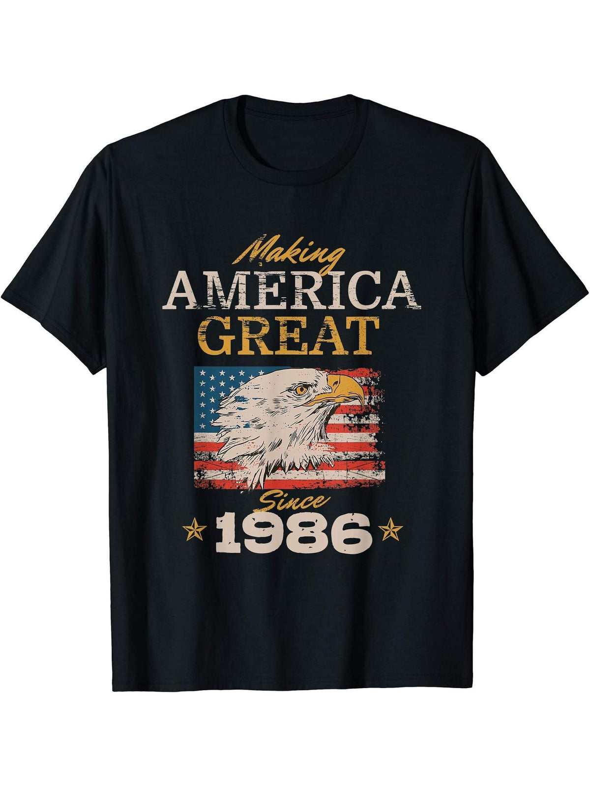 Making America Great Since 1986 American Bald Eagle T-Shirt 180G 100% Cotton Printed Round Neck Short-Sleeve T-Shirt, Gifts for Men Dad Husband Grandpa, S-XXXL, Black