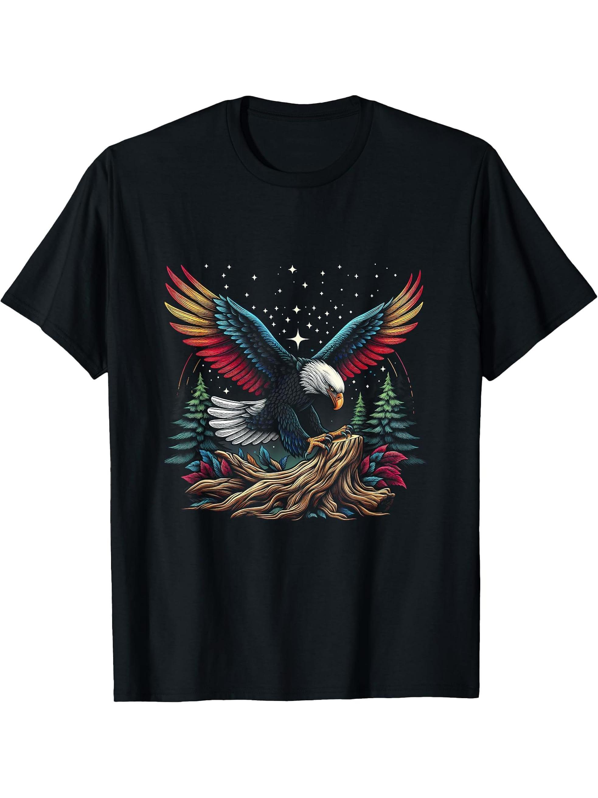 Eagle Forest Animal Wildlife Bald Eagles Bird Flying Nature T-Shirt 180G 100% Cotton Printed Round Neck Short-Sleeve T-Shirt, Gifts for Men Dad Husband Grandpa, S-XXXL, Black