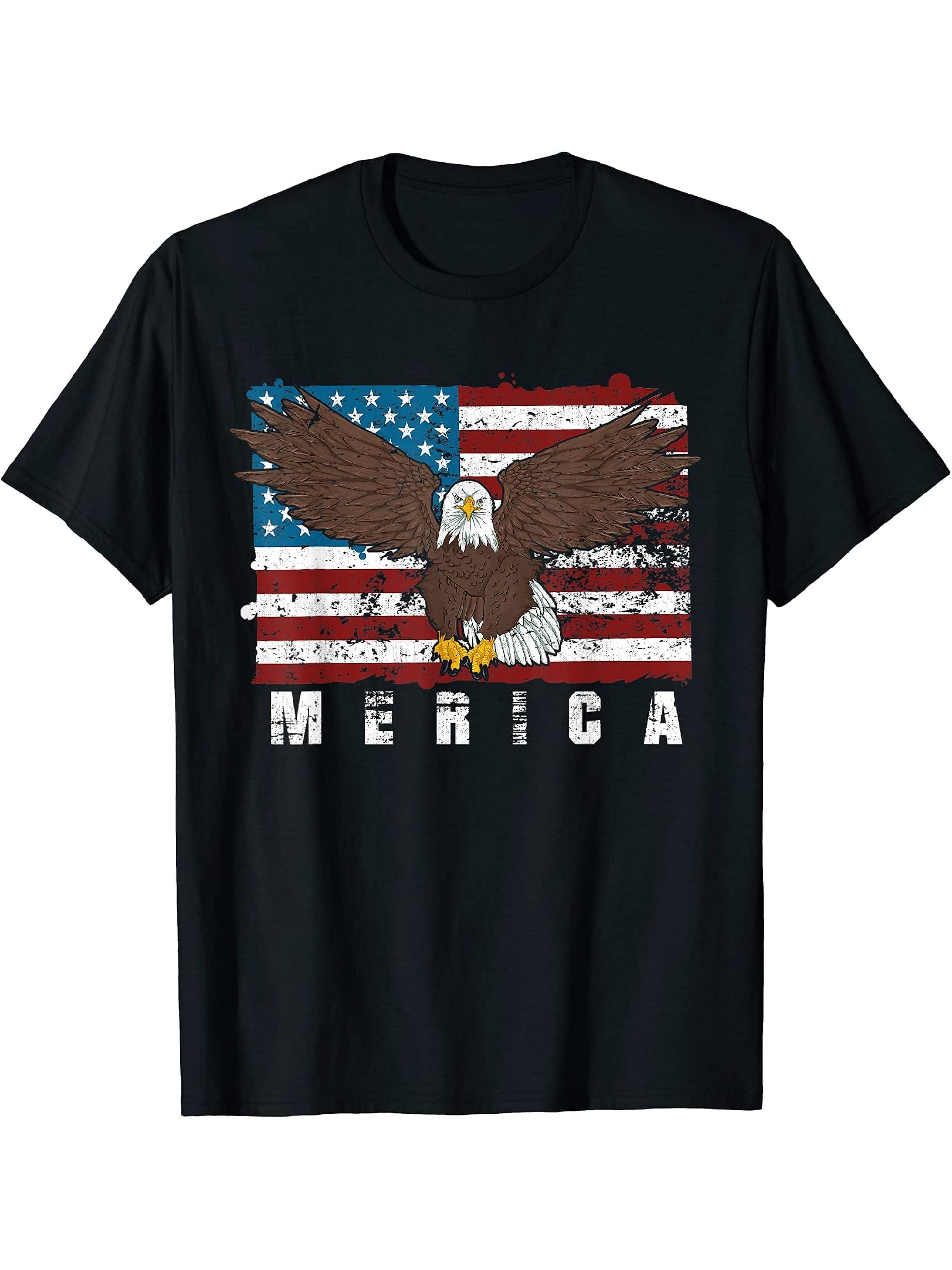 Merica USA Flag Pride Proud American Patriot Bald Eagle T-Shirt 180G 100% Cotton Printed Round Neck Short-Sleeve T-Shirt, Gifts for Men Dad Husband Grandpa, S-XXXL, Black