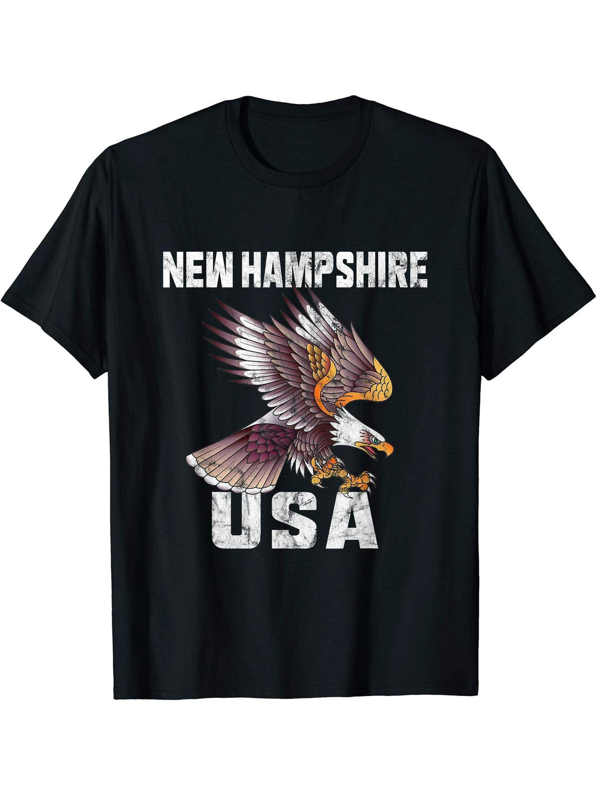 Retro Distressed New Hampshire USA Bald Eagle Gift T-Shirt 180G 100% Cotton Printed Round Neck Short-Sleeve T-Shirt, Gifts for Men Dad Husband Grandpa, S-XXXL, Black