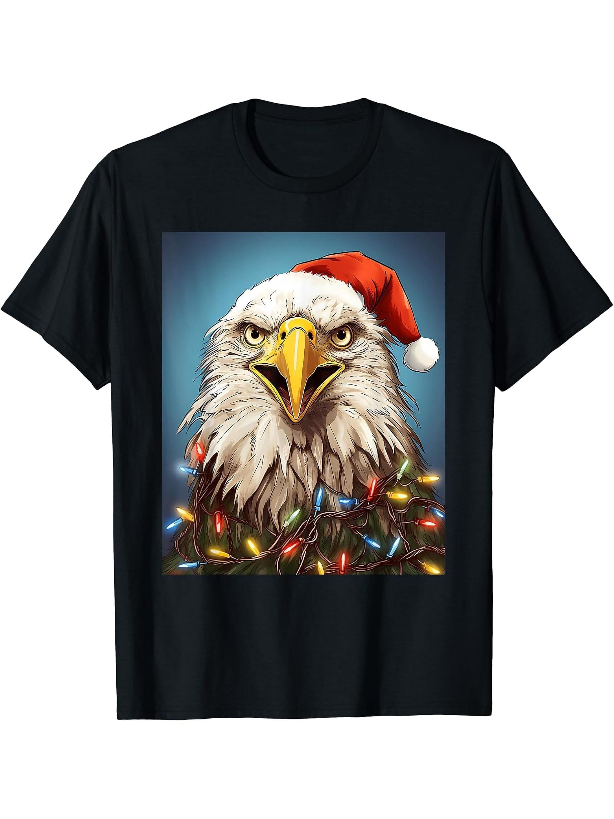 Xmas Bald Eagle Tangled Christmas Lights T-Shirt 180G 100% Cotton Printed Round Neck Short-Sleeve T-Shirt, Gifts for Men Dad Husband Grandpa, S-XXXL, Black
