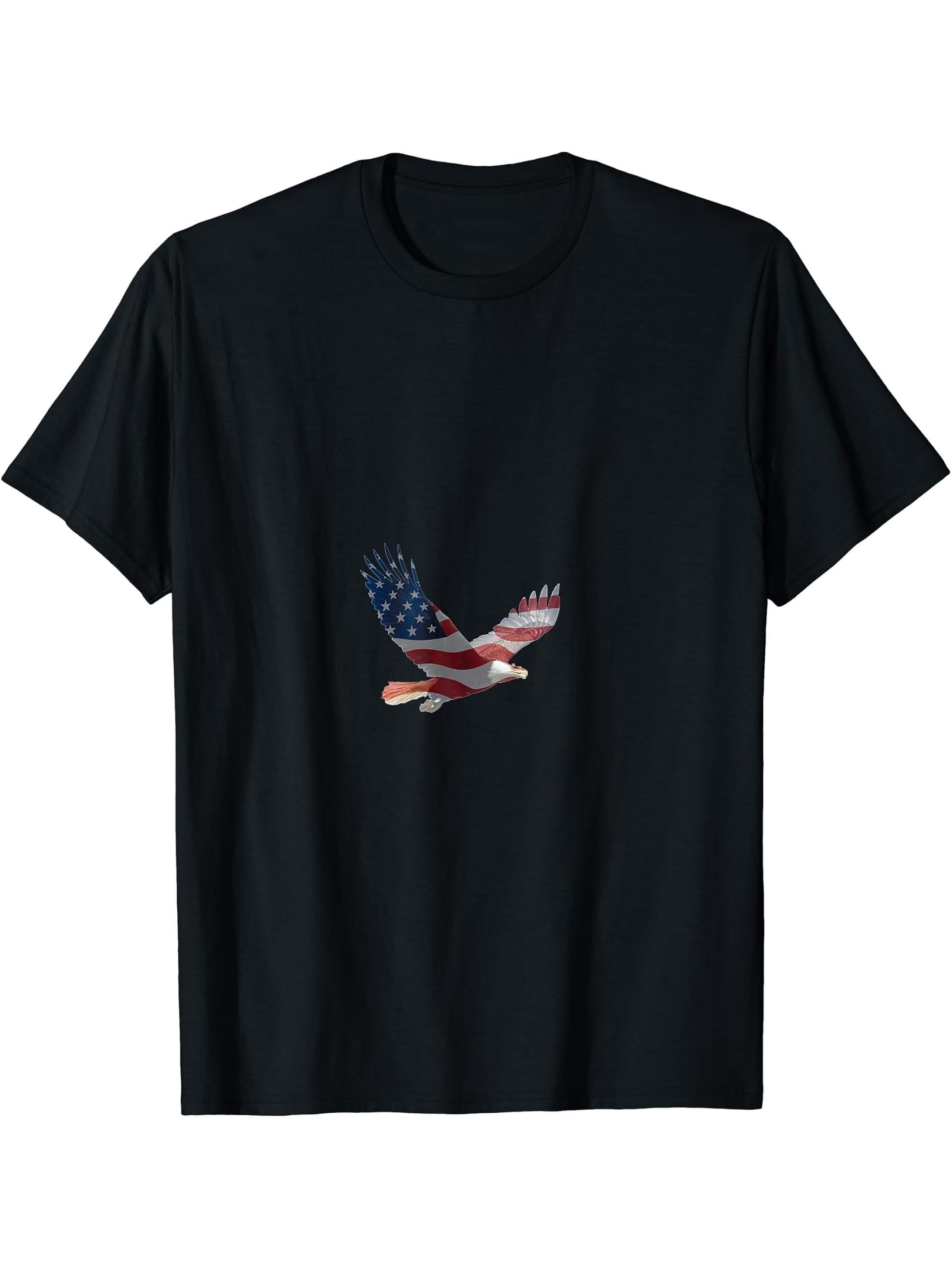 Bald Eagle Flies with American Flag T-Shirt 180G 100% Cotton Printed Round Neck Short-Sleeve T-Shirt, Gifts for Men Dad Husband Grandpa, S-XXXL, Black