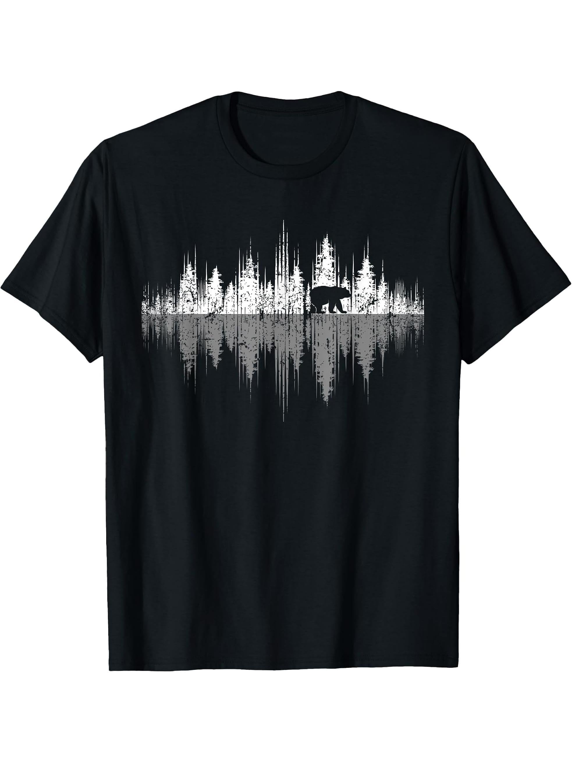 Trees Reflection Wildlife Nature Animal Bear Outdoor Forest T-Shirt 180G 100% Cotton Printed Round Neck Short-Sleeve T-Shirt, Gifts for Men Dad Husband Grandpa, S-XXXL, Black