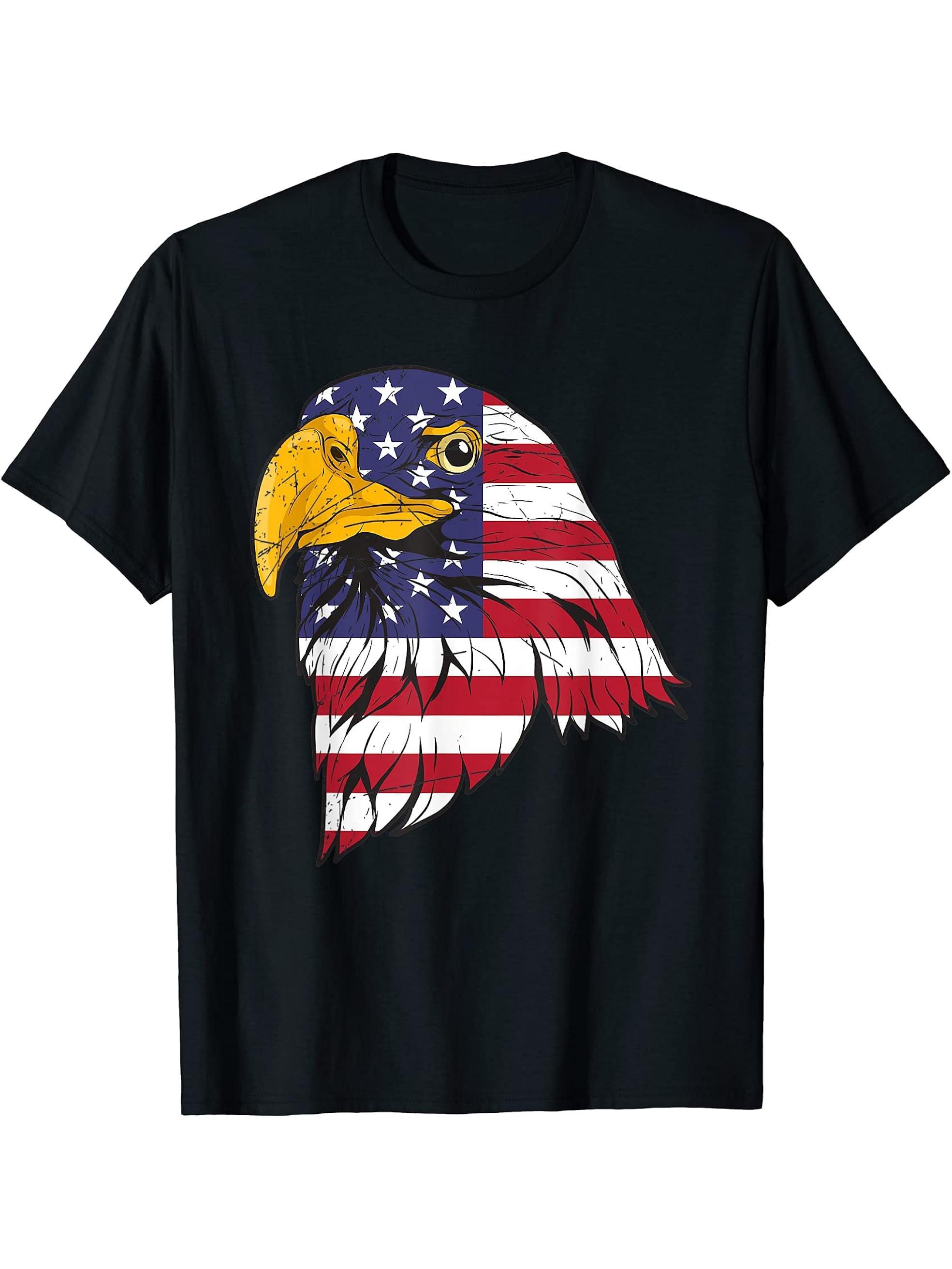 United States Proud US Flag Liberty American Bald Eagle T-Shirt 180G 100% Cotton Printed Round Neck Short-Sleeve T-Shirt, Gifts for Men Dad Husband Grandpa, S-XXXL, Black
