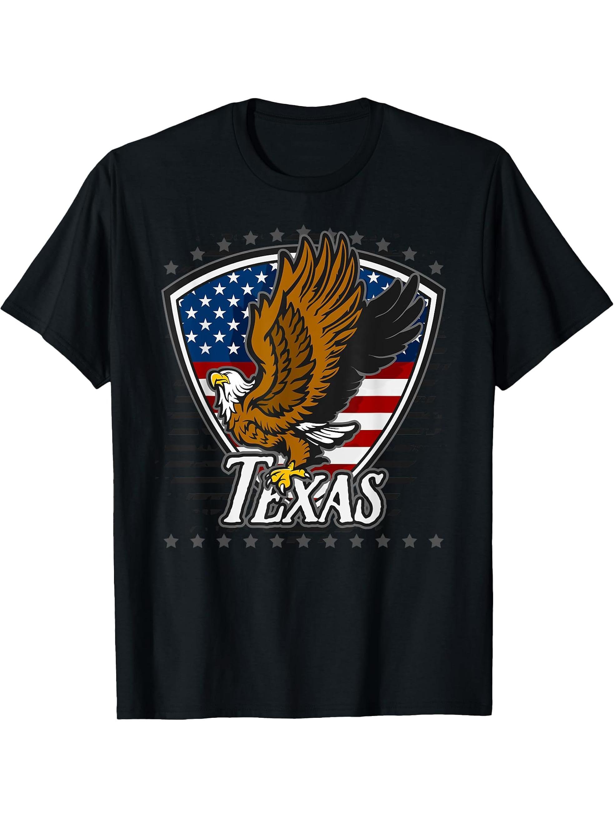 Texas Tshirt Bald Eagle on American Flag T-Shirt 180G 100% Cotton Printed Round Neck Short-Sleeve T-Shirt, Gifts for Men Dad Husband Grandpa, S-XXXL, Black