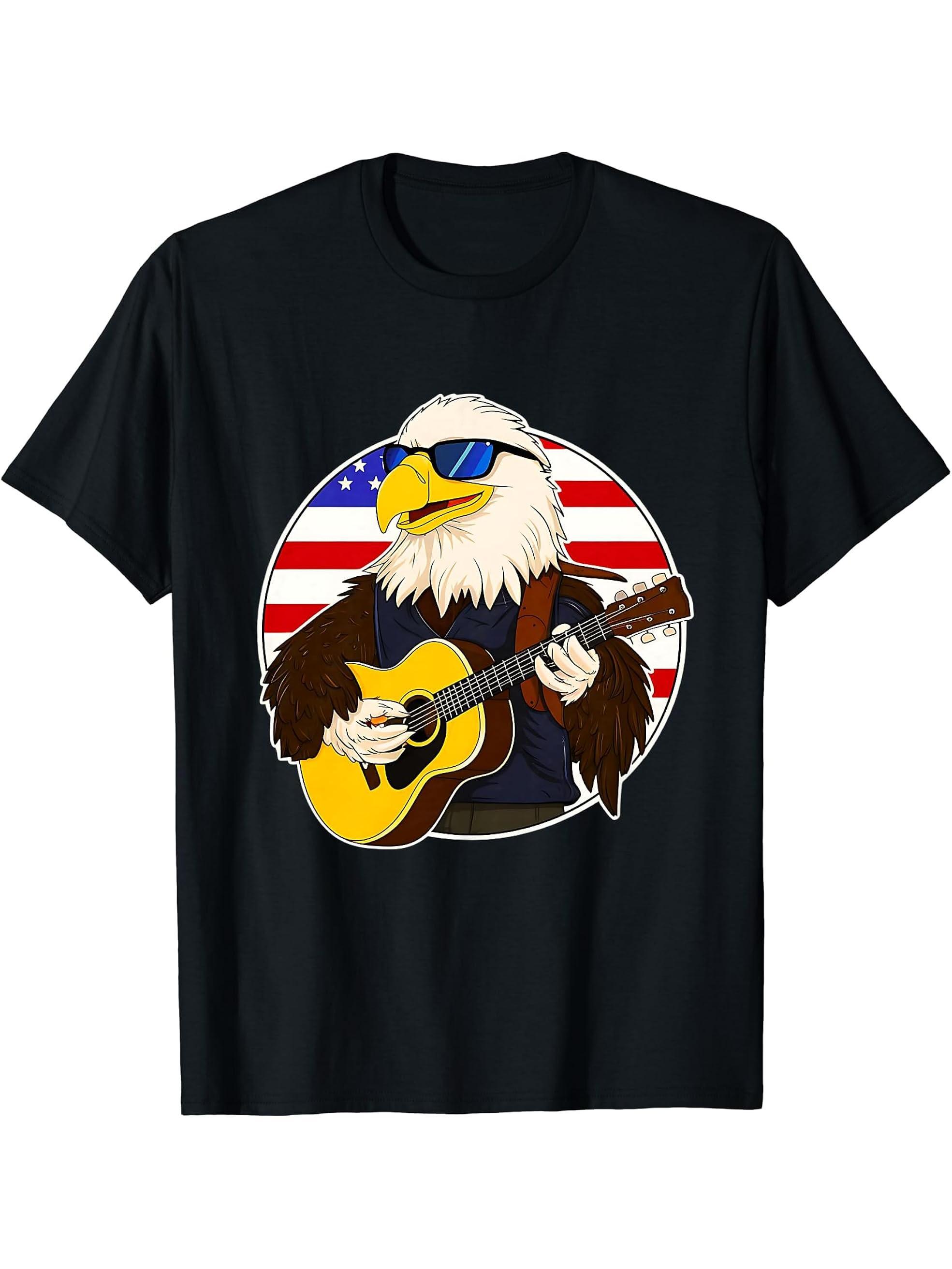 Funny Bald Eagle Playing Guitar American Flag 4th Of July T-Shirt 180G 100% Cotton Printed Round Neck Short-Sleeve T-Shirt, Gifts for Men Dad Husband Grandpa, S-XXXL, Black