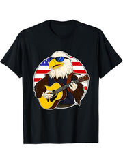 Funny Bald Eagle Playing Guitar American Flag 4th Of July T-Shirt 180G 100% Cotton Printed Round Neck Short-Sleeve T-Shirt, Gifts for Men Dad Husband Grandpa, S-XXXL, Black