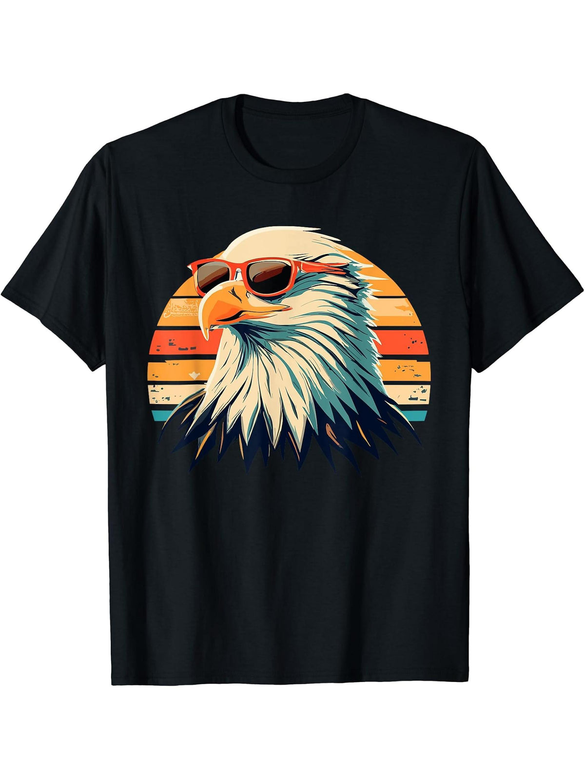 Vintage Eagle with Sunglasses - Retro American Bald Eagle T-Shirt 180G 100% Cotton Printed Round Neck Short-Sleeve T-Shirt, Gifts for Men Dad Husband Grandpa, S-XXXL, Black