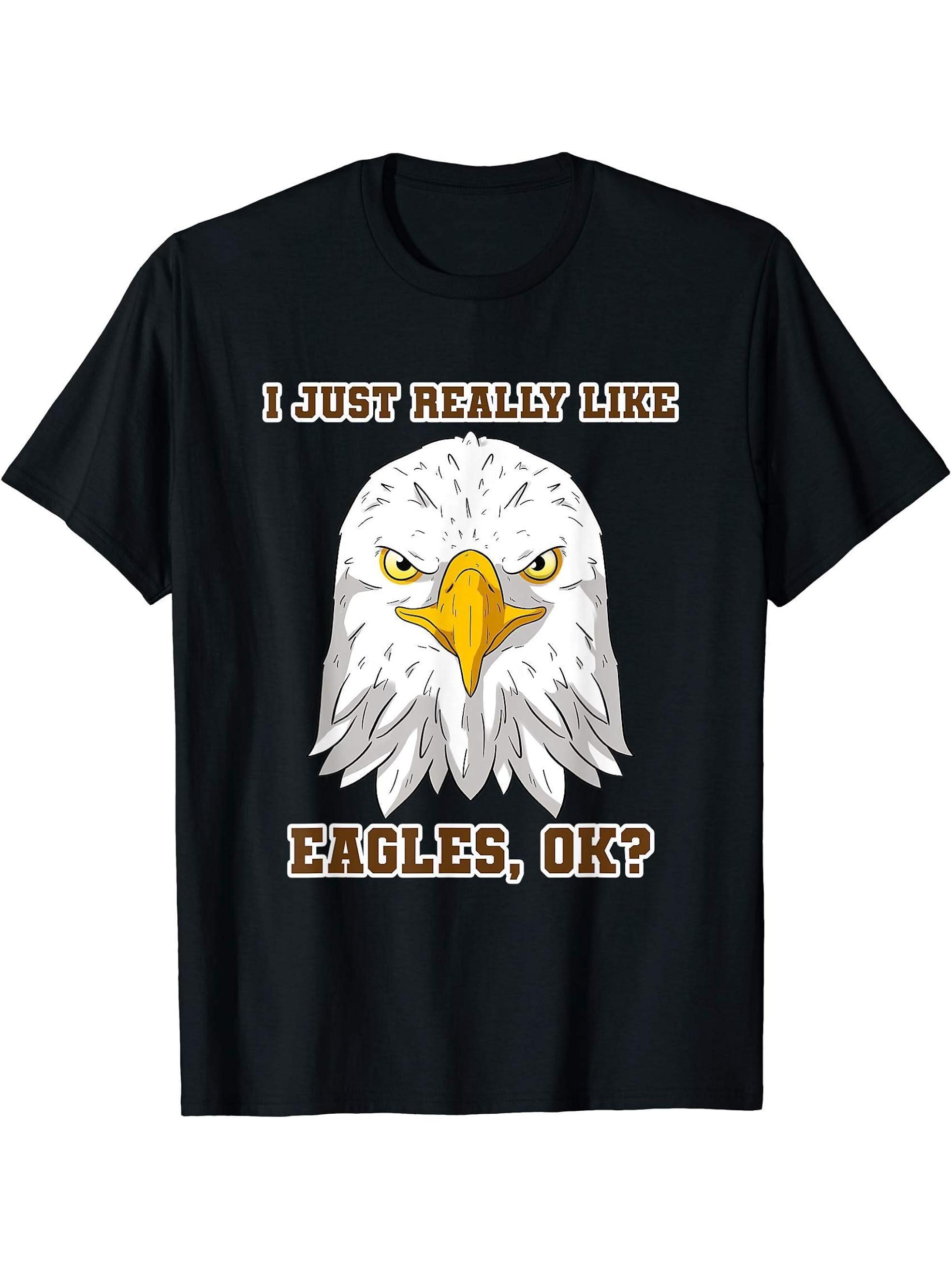 I Just Really Like Eagles OK Bald Eagle Lover T-Shirt 180G 100% Cotton Printed Round Neck Short-Sleeve T-Shirt, Gifts for Men Dad Husband Grandpa, S-XXXL, Black