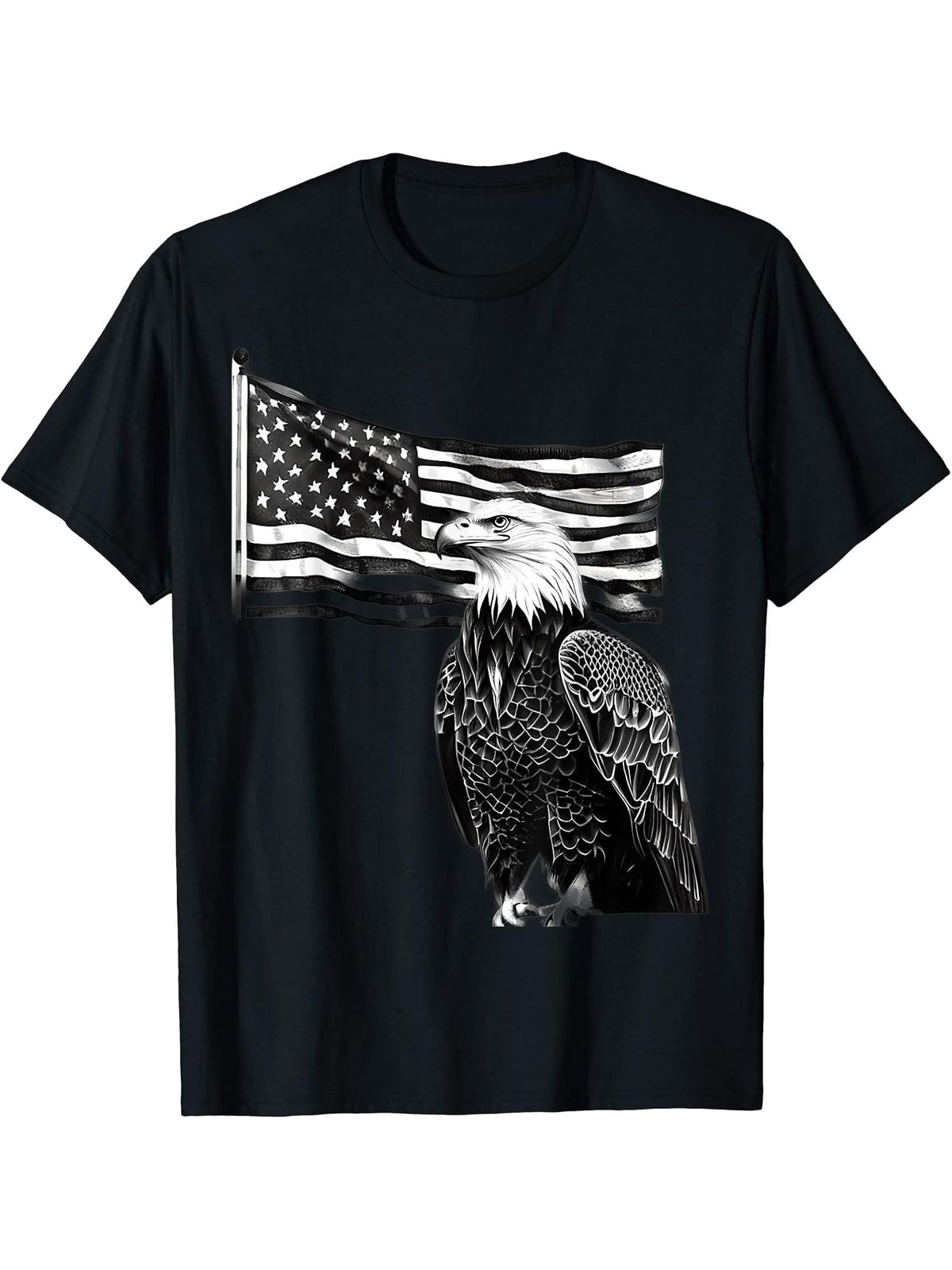 Patriotic Bald Eagle And American Flag In Black And White T-Shirt 180G 100% Cotton Printed Round Neck Short-Sleeve T-Shirt, Gifts for Men Dad Husband Grandpa, S-XXXL, Black