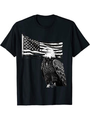 Patriotic Bald Eagle And American Flag In Black And White T-Shirt 180G 100% Cotton Printed Round Neck Short-Sleeve T-Shirt, Gifts for Men Dad Husband Grandpa, S-XXXL, Black