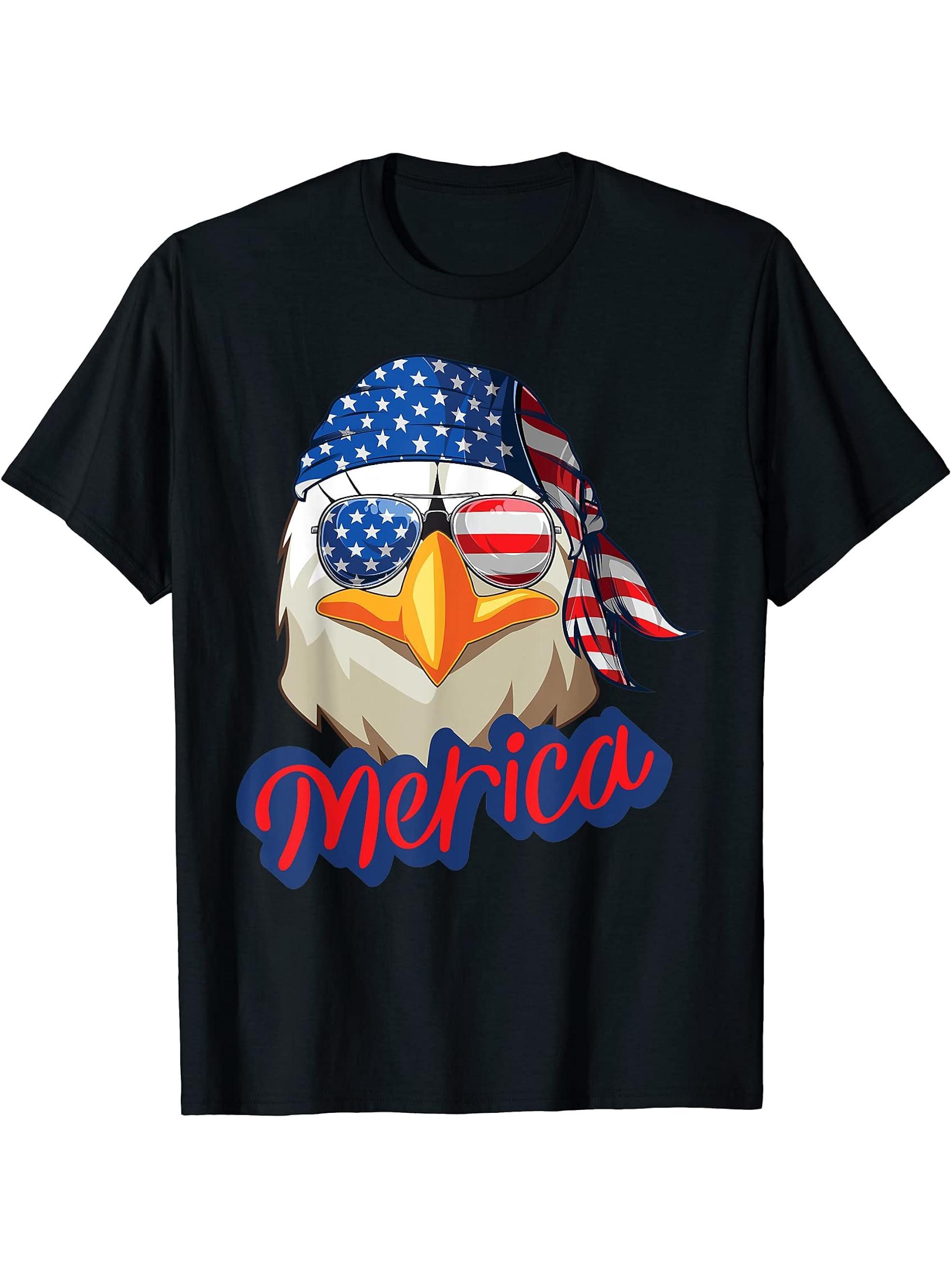 Bald Eagle Merica Tshirt Eagle America U.S.A. 4Th Of July T-Shirt 180G 100% Cotton Printed Round Neck Short-Sleeve T-Shirt, Gifts for Men Dad Husband Grandpa, S-XXXL, Black