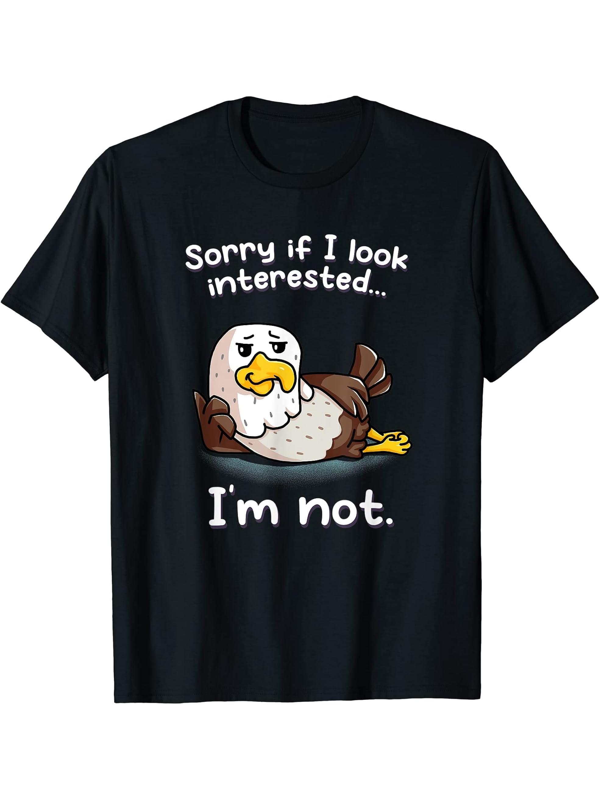 Sorry If I Look Interested I'm Not Nerd American Bald Eagle T-Shirt 180G 100% Cotton Printed Round Neck Short-Sleeve T-Shirt, Gifts for Men Dad Husband Grandpa, S-XXXL, Black
