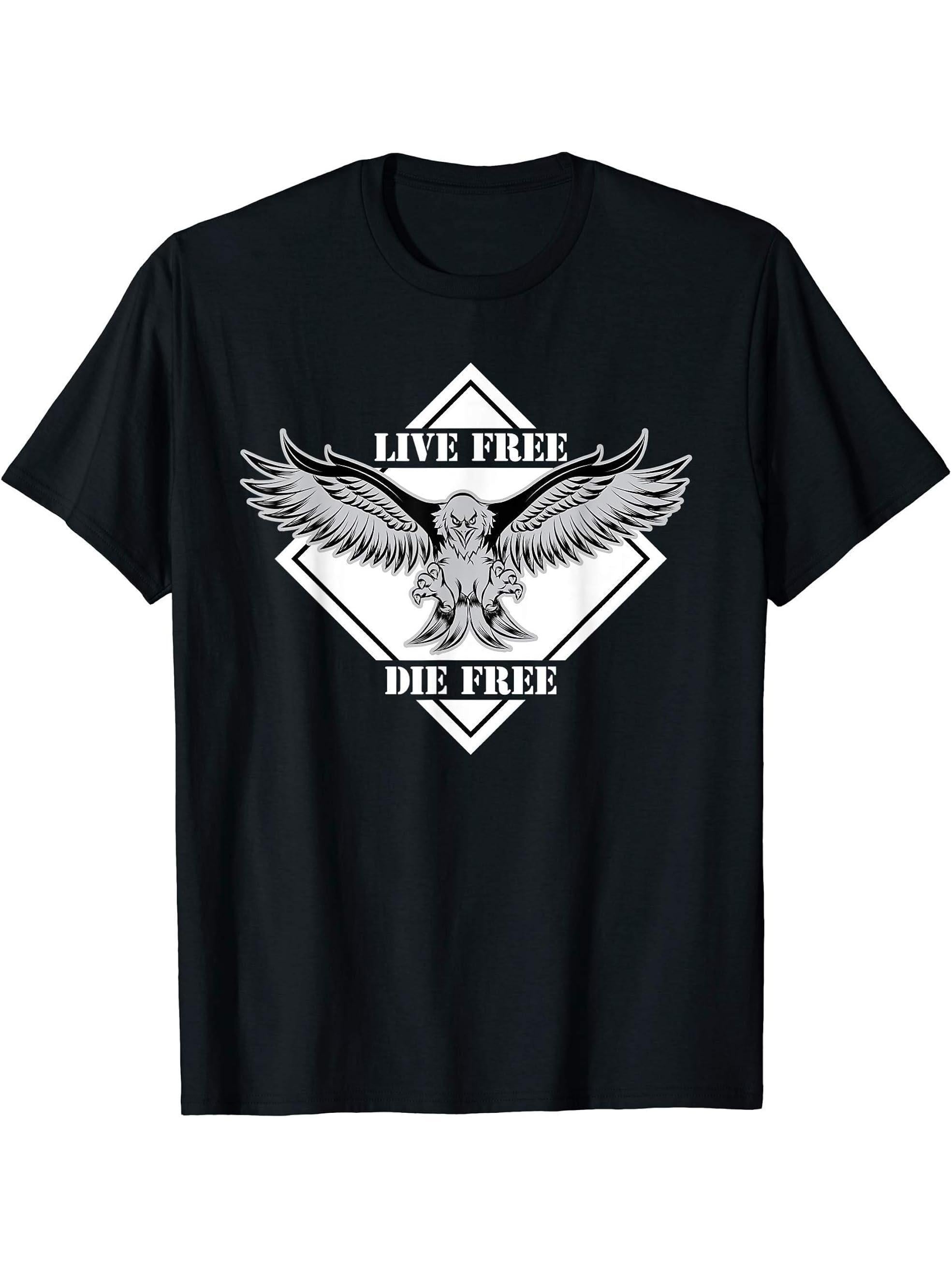 Live Free Die Free Bald Eagle Image T-Shirt 180G 100% Cotton Printed Round Neck Short-Sleeve T-Shirt, Gifts for Men Dad Husband Grandpa, S-XXXL, Black
