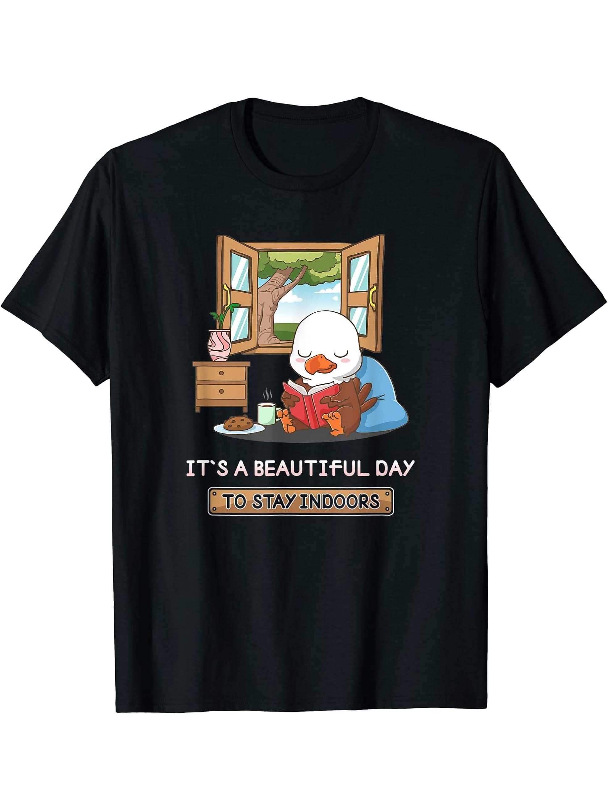 It's A Beautiful Day To Stay Indoors Nerd Book Bald Eagle T-Shirt 180G 100% Cotton Printed Round Neck Short-Sleeve T-Shirt, Gifts for Men Dad Husband Grandpa, S-XXXL, Black