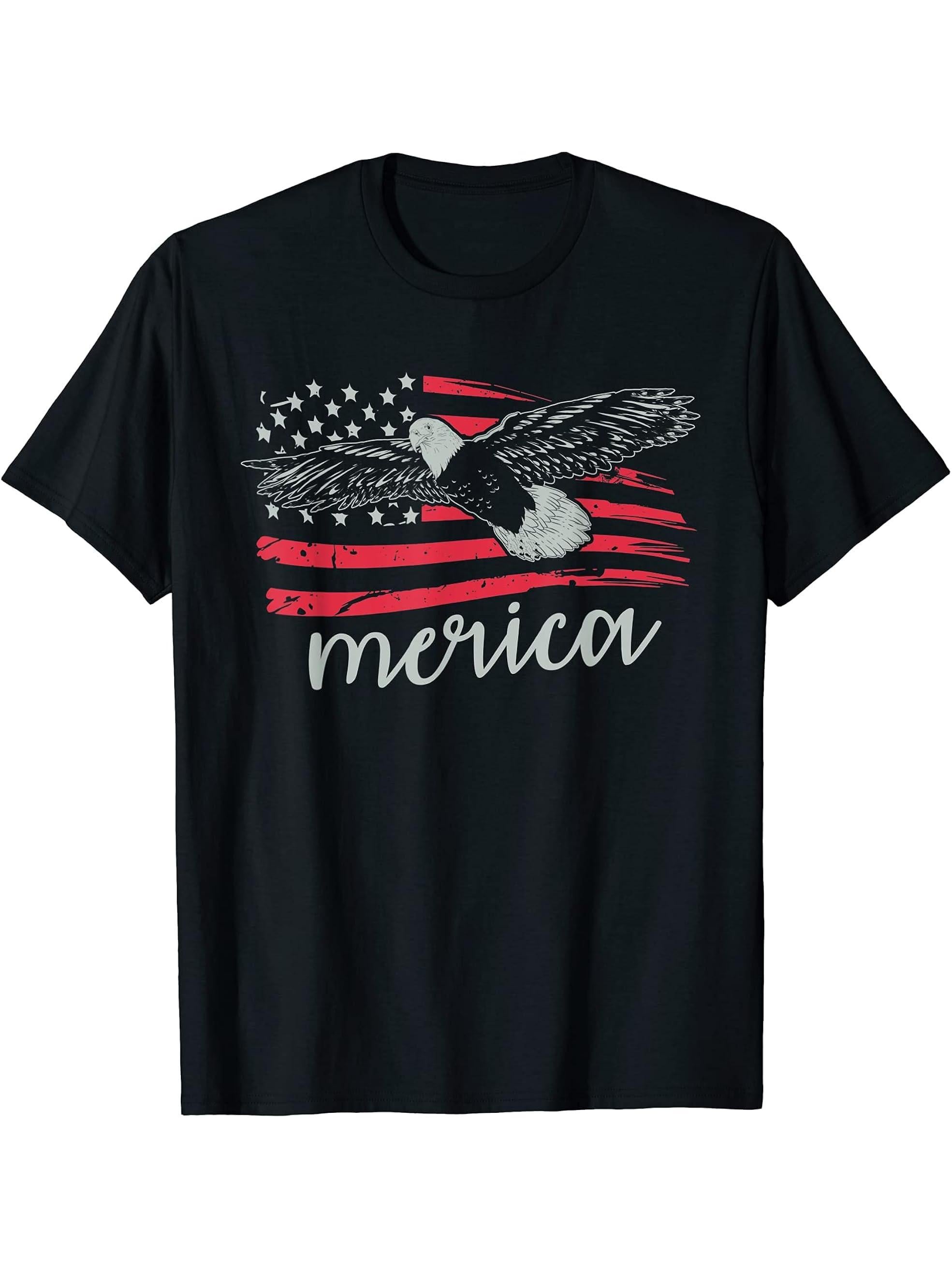 Freedom Merica US Flag Pride Patriotic American Bald Eagle T-Shirt 180G 100% Cotton Printed Round Neck Short-Sleeve T-Shirt, Gifts for Men Dad Husband Grandpa, S-XXXL, Black